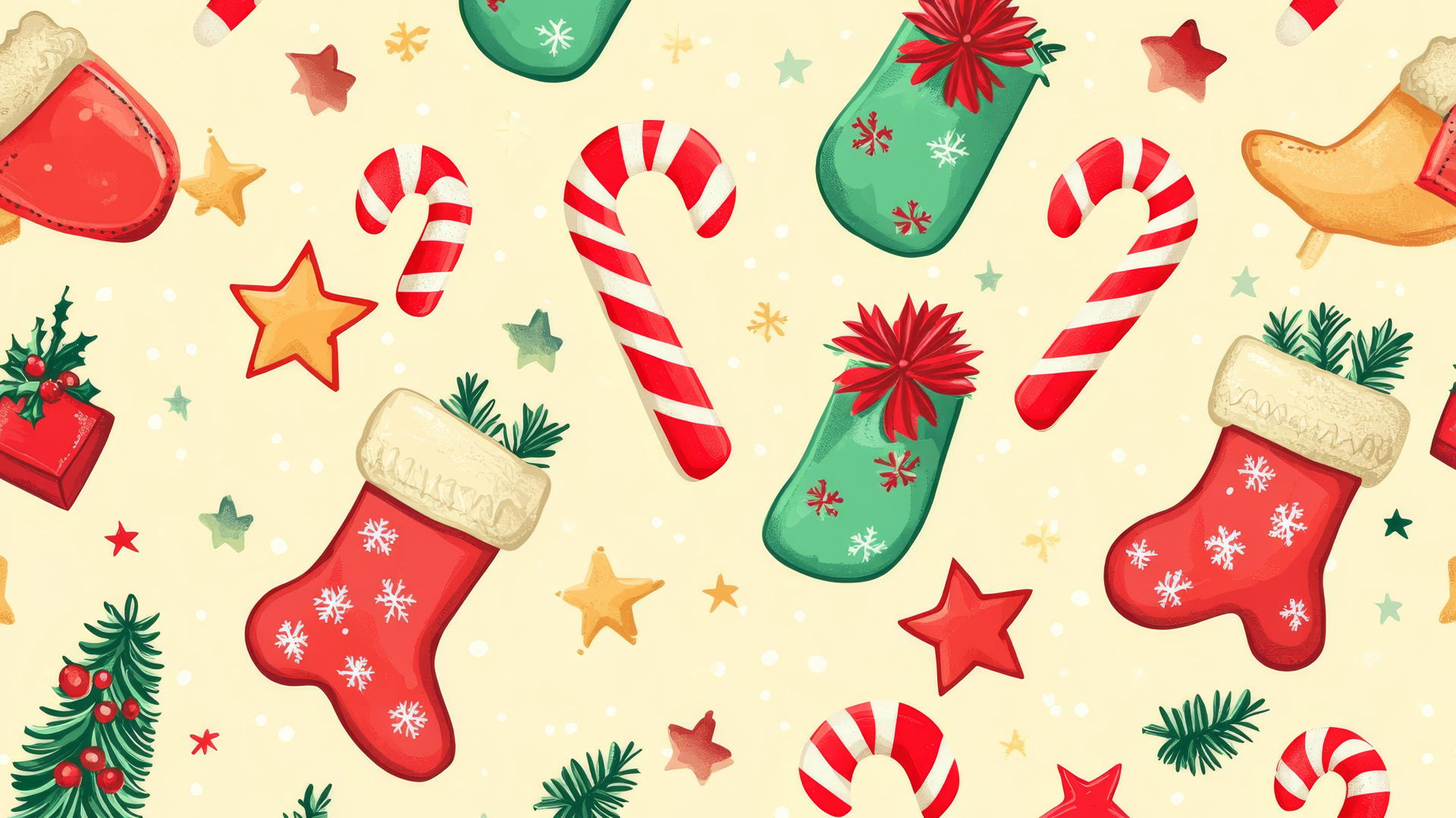 Cute Christmas wallpaper preppy with candy canes, stockings, and stars on pastel yellow
