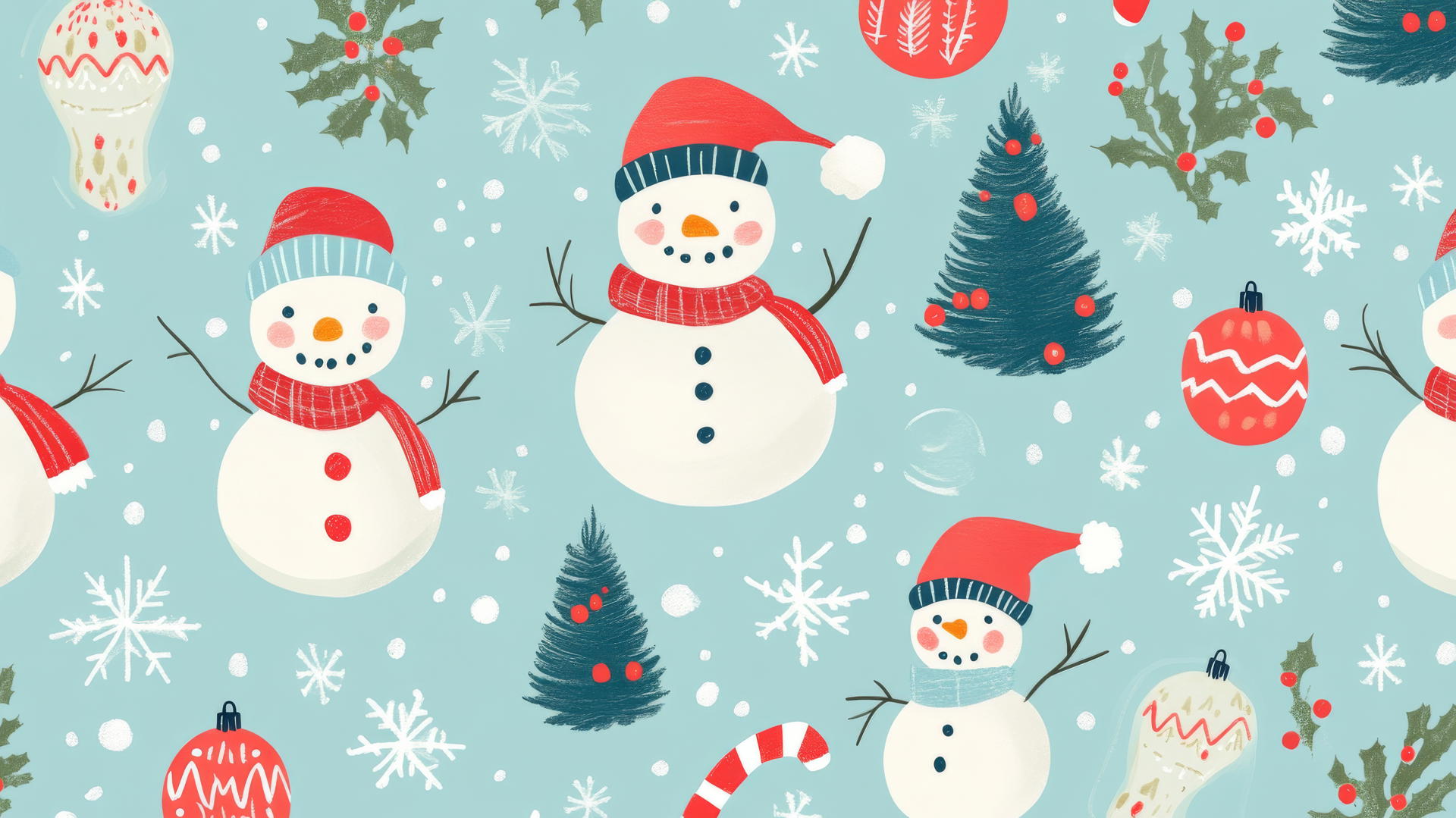 cute Christmas wallpaper preppy with snowmen, trees, and ornaments