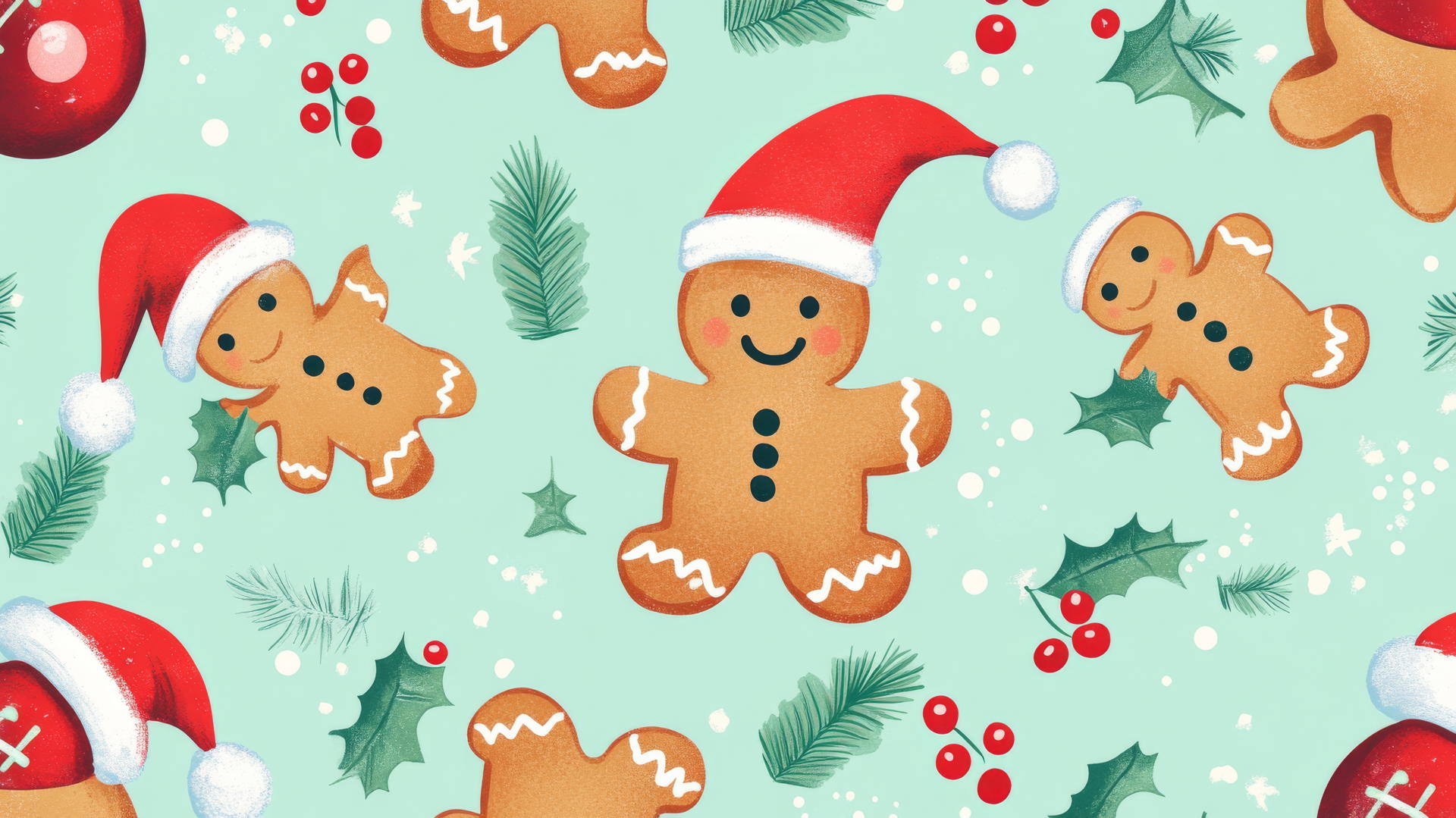 Cute Christmas wallpaper preppy with gingerbread cookies, Santa hats, and holly berries on pastel mint green
