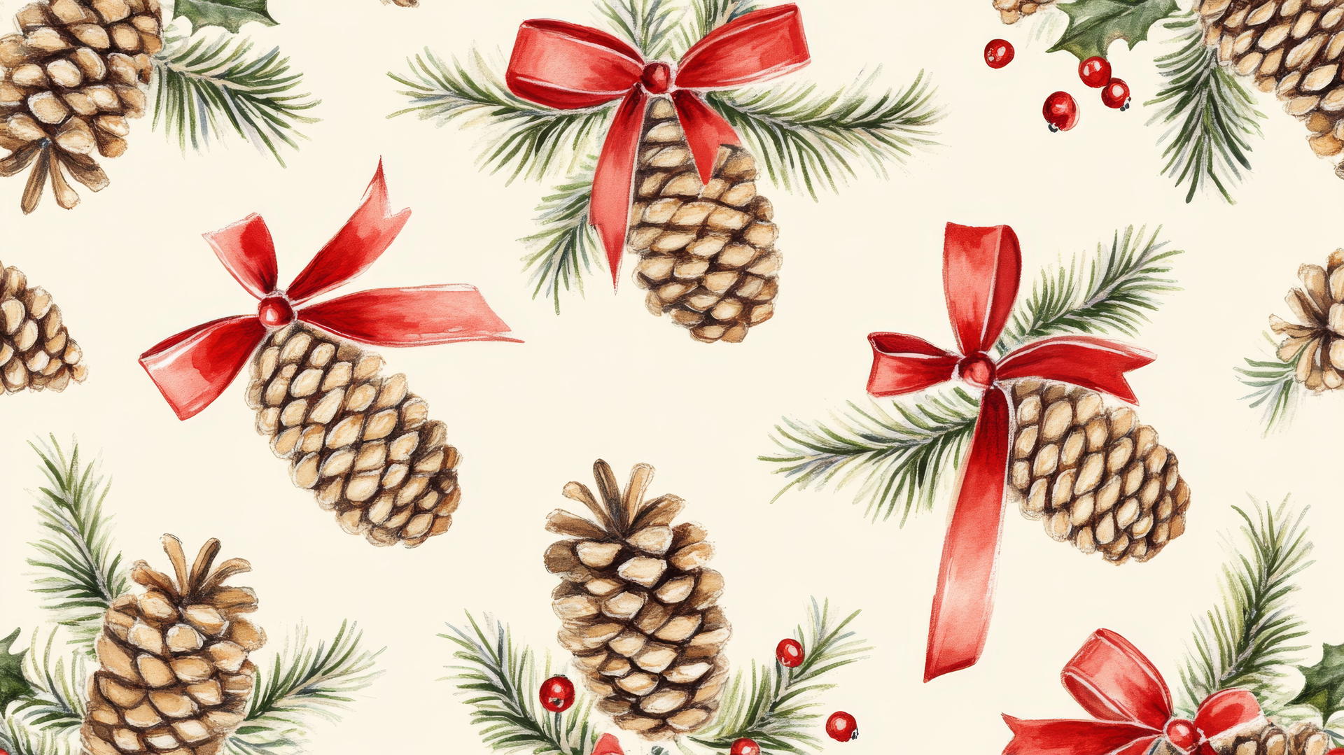 preppy wallpaper christmas with pine cones, red ribbons, holly leaves, and berries on cream background