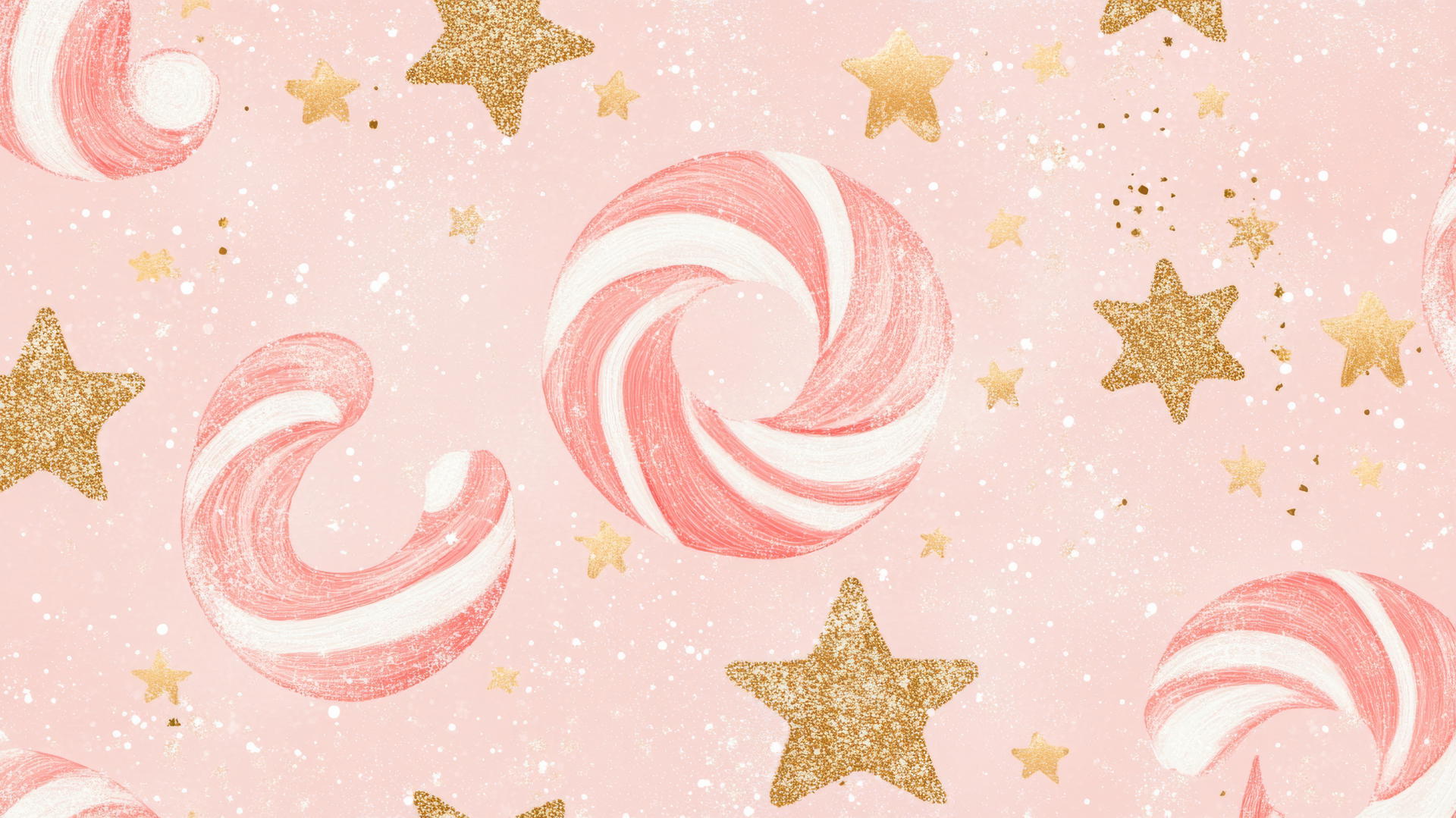 preppy wallpaper christmas with peppermint swirls, stars, gold glitter, and snowflakes on a soft pink background.