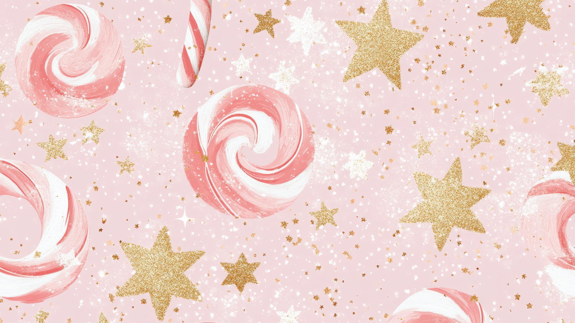 preppy wallpaper christmas with peppermint swirls, stars, gold glitter, and pastel snowflakes on a soft pink background.