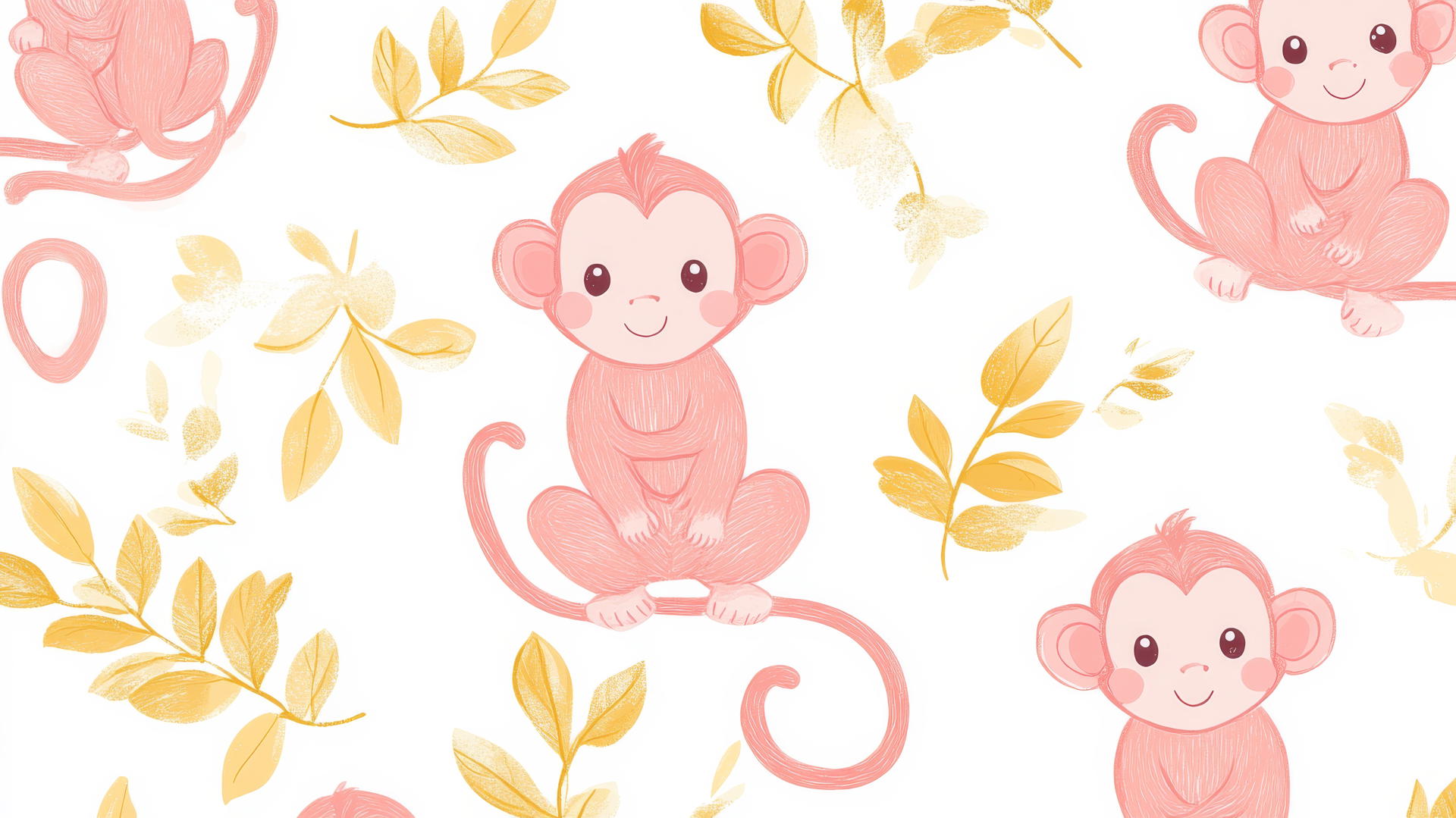 Preppy wallpaper with pink cartoon monkeys and yellow leaves