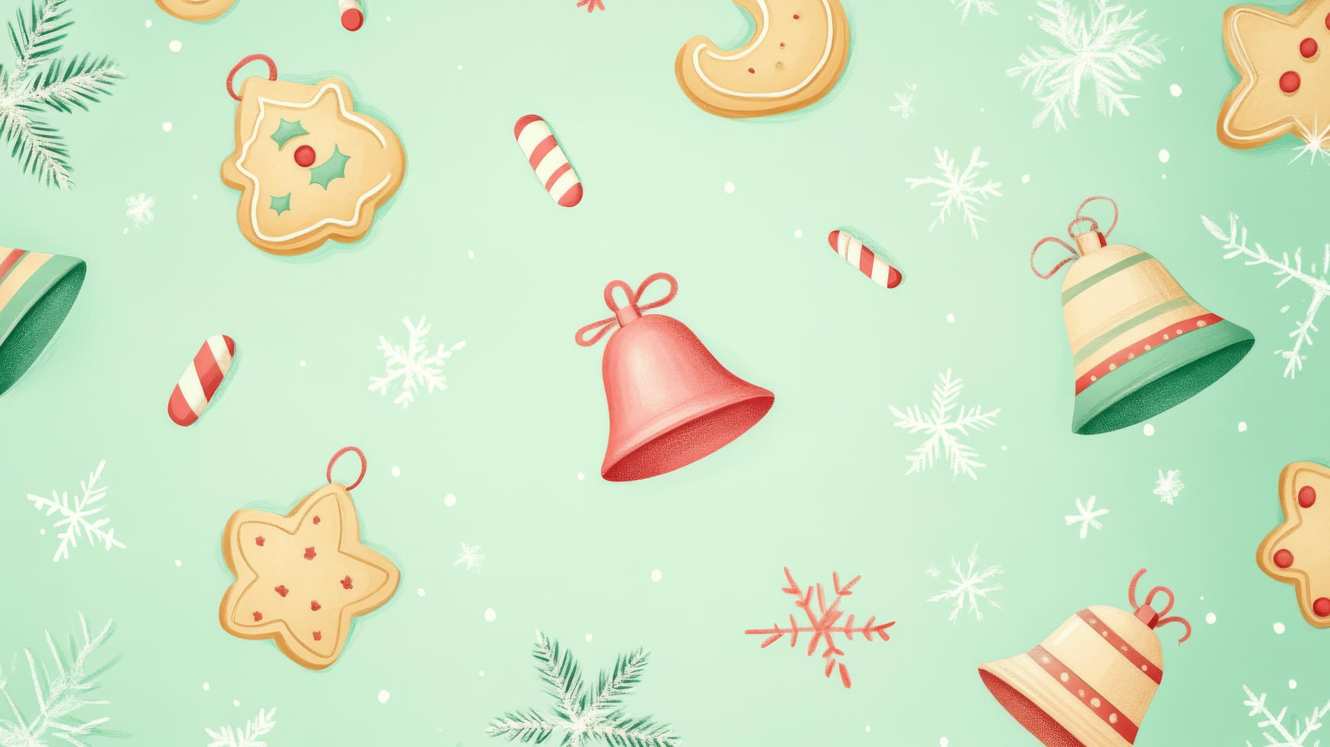 preppy Christmas wallpaper with cookies and bells in pastel colors on a light green background