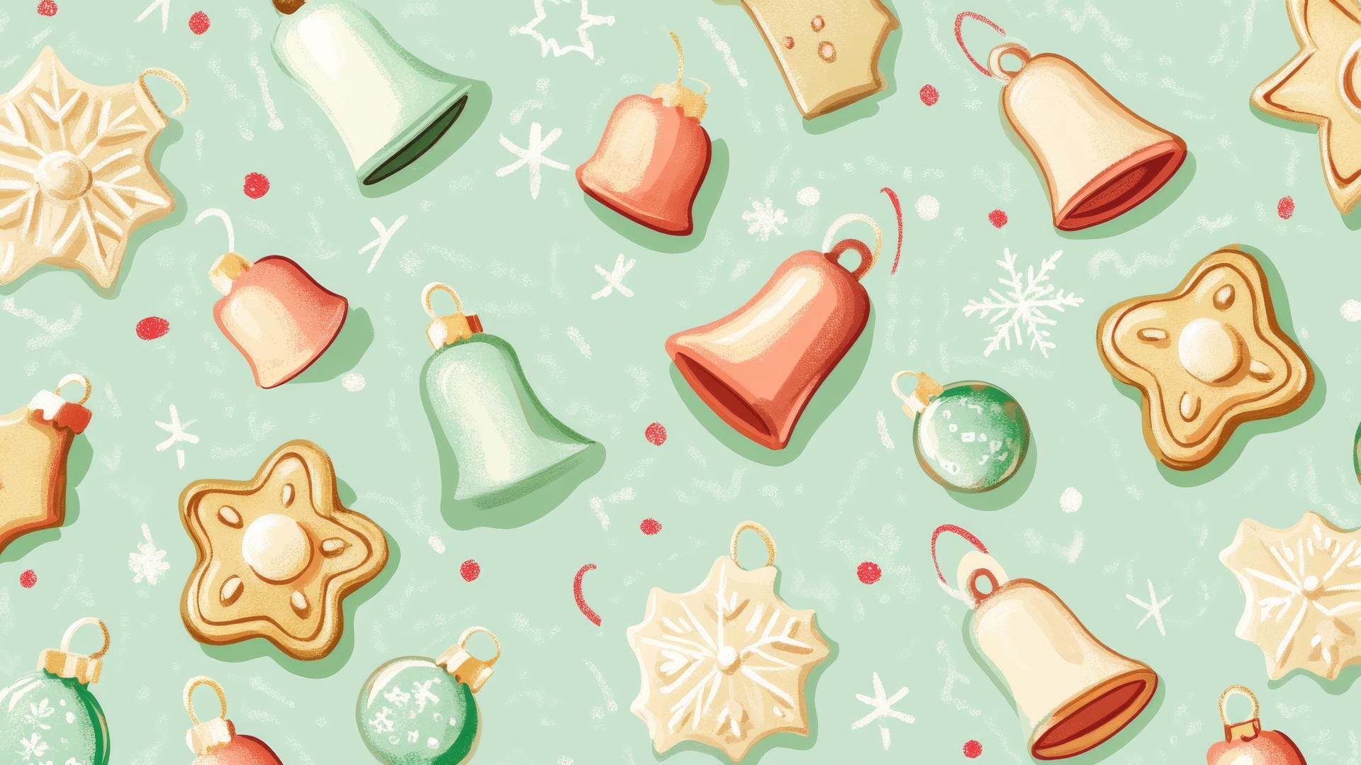 preppy Christmas wallpaper with cookies and bells in pastel colors on light green background