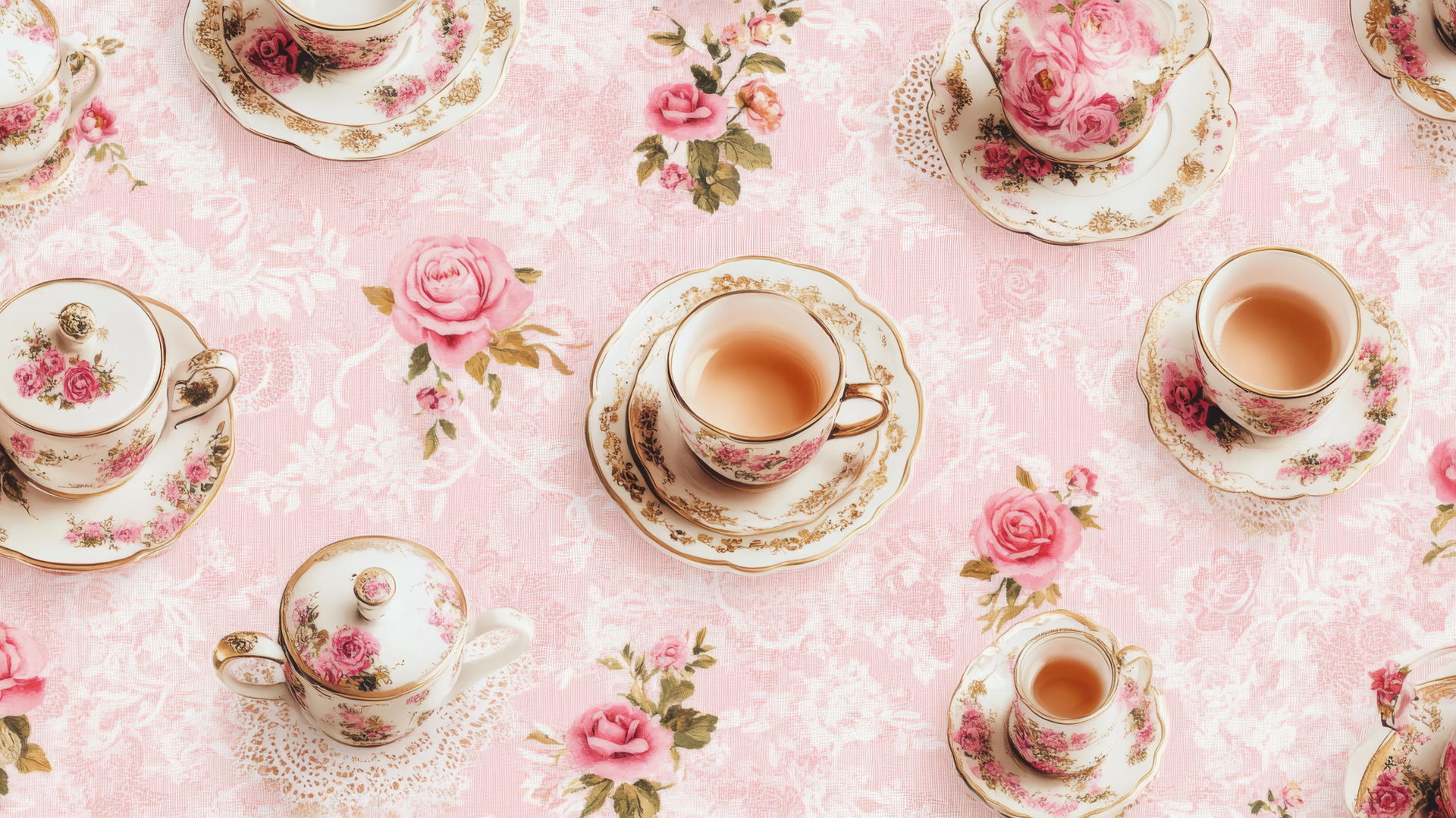preppy wallpaper pink with charming pink tea sets and floral designs