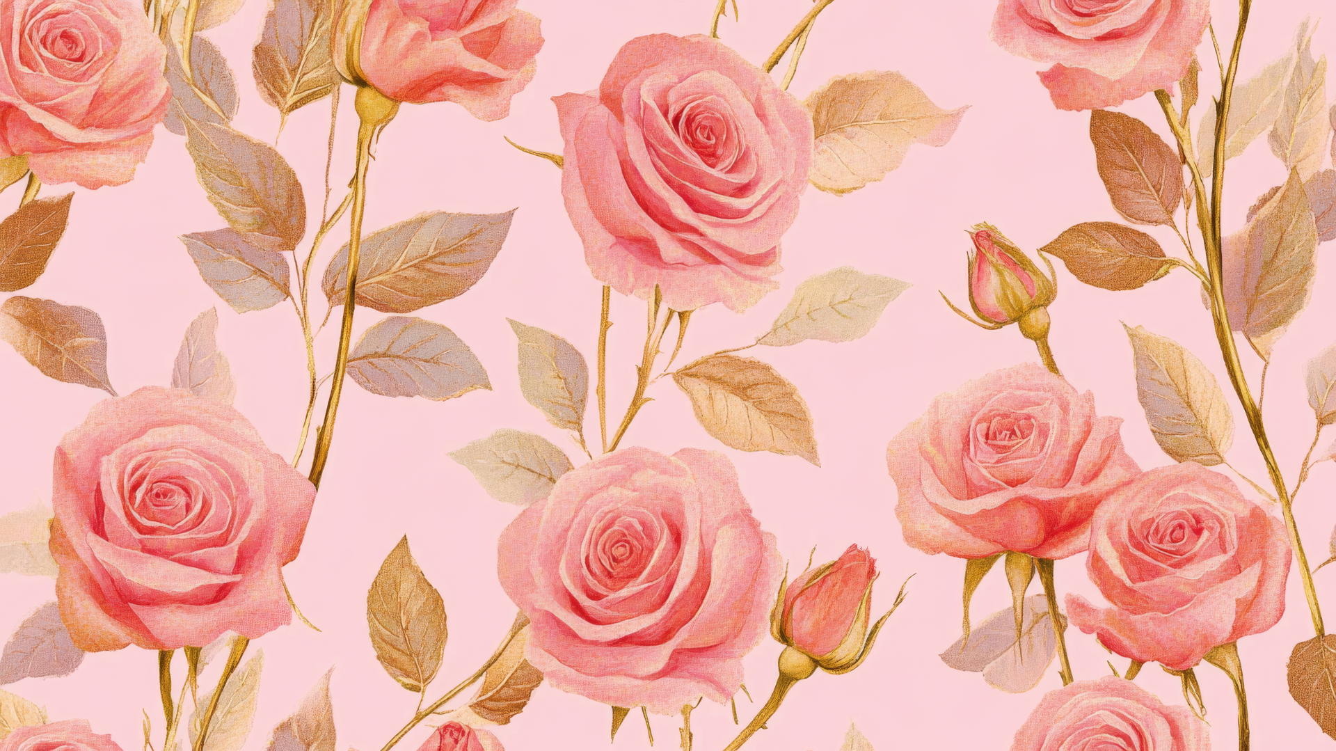 Preppy wallpaper pink with elegant pink roses and gold stems