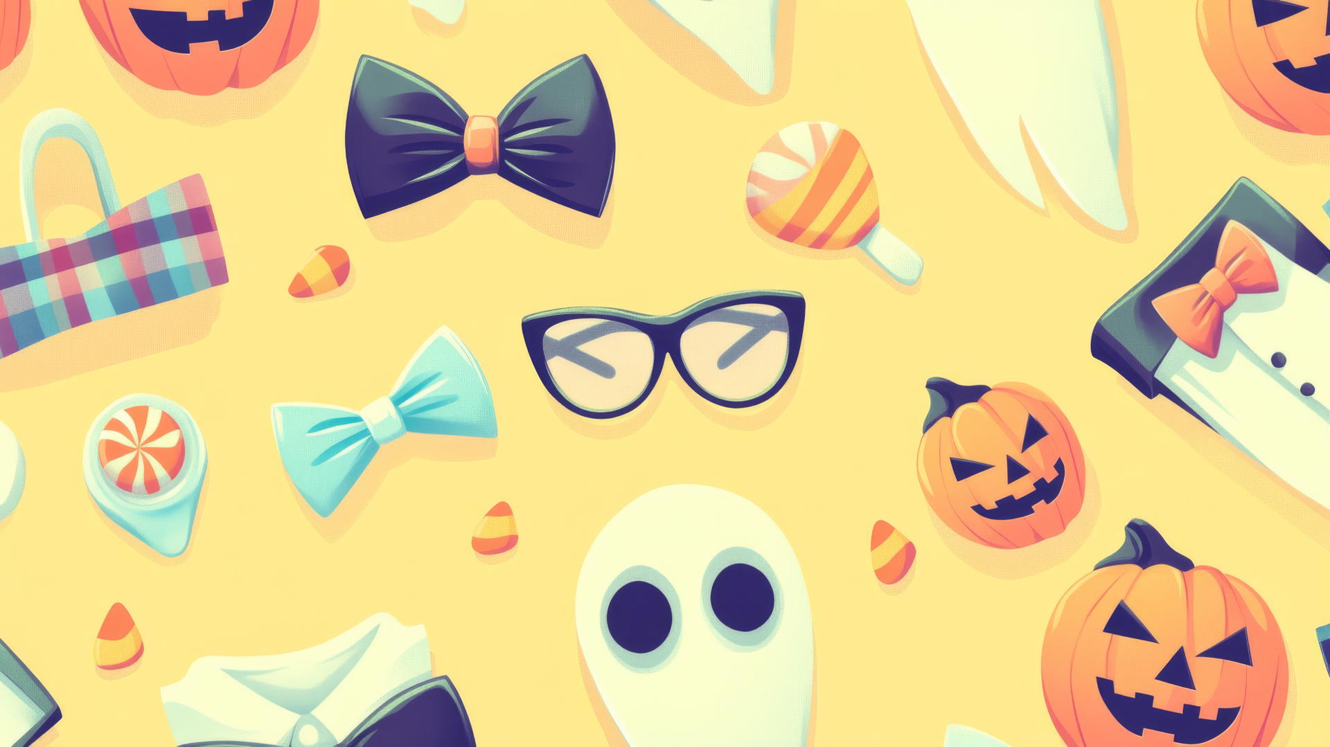 halloween preppy wallpaper cartoon with ghostly bow ties, candy corn cufflinks, jack-o'-lanterns on pastel yellow