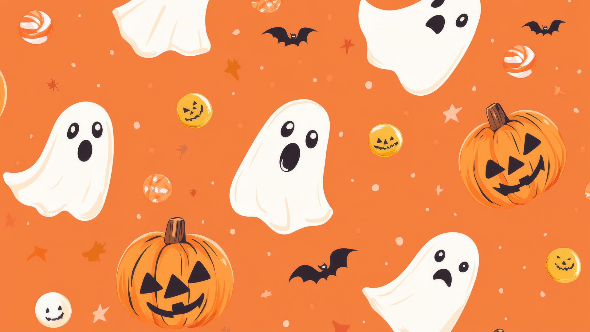 halloween wallpaper preppy with jack-o'-lanterns, ghosts, and candy on pastel orange