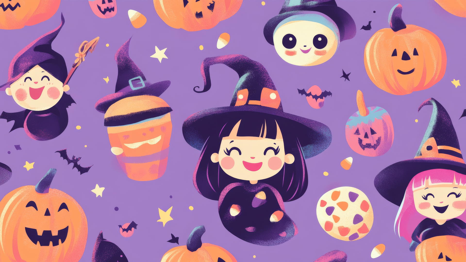 halloween wallpaper preppy with cute witches, smiling pumpkins, and candy corn on pastel purple background