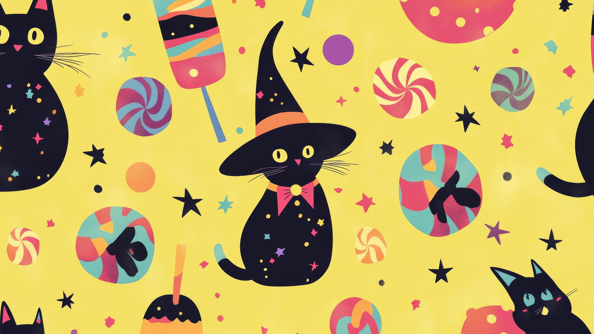 preppy wallpaper halloween with cute witches, black cats, and candy on pastel yellow