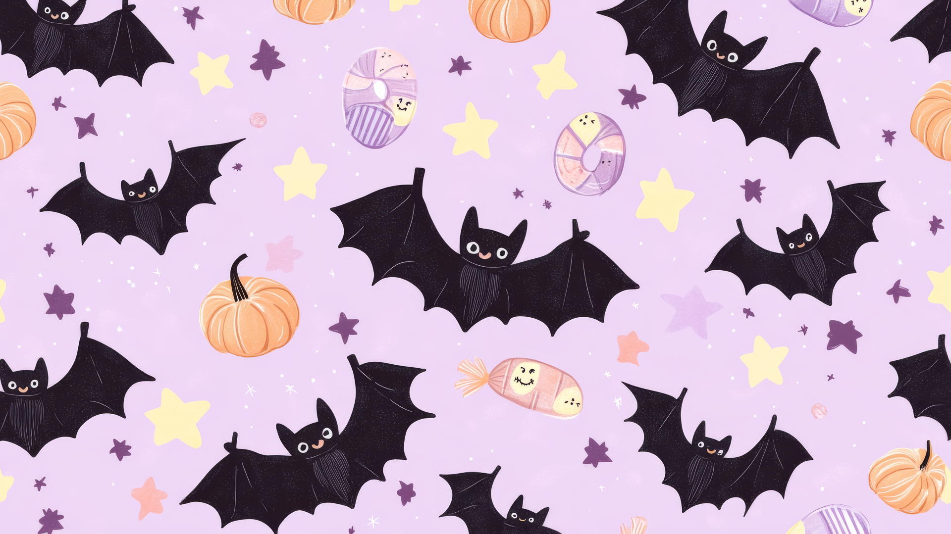 preppy wallpaper halloween with friendly bats, candy, and stars on a lilac background