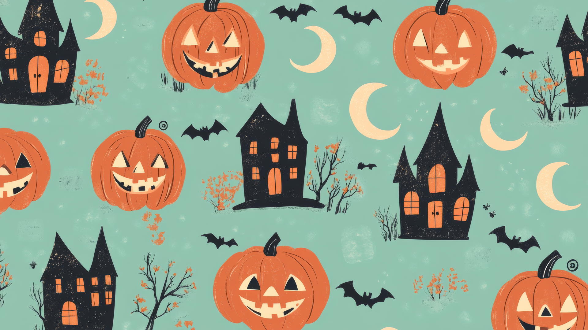 Preppy wallpaper Halloween with playful pumpkins, haunted houses, and crescent moons.