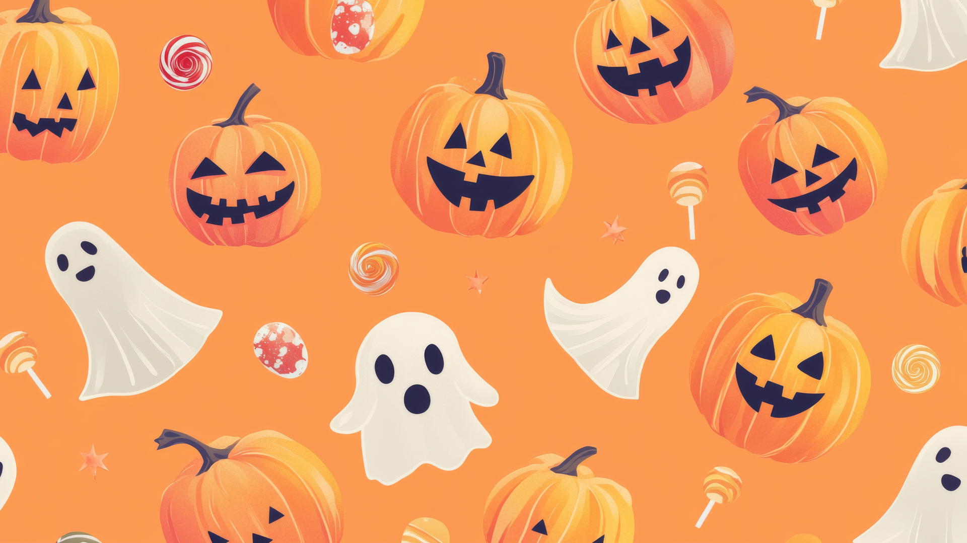 preppy wallpaper halloween with jack-o'-lanterns, ghosts, and candy on pastel orange