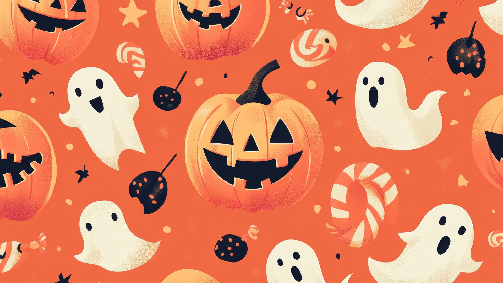 Preppy wallpaper Halloween with retro jack-o'-lanterns and ghosts