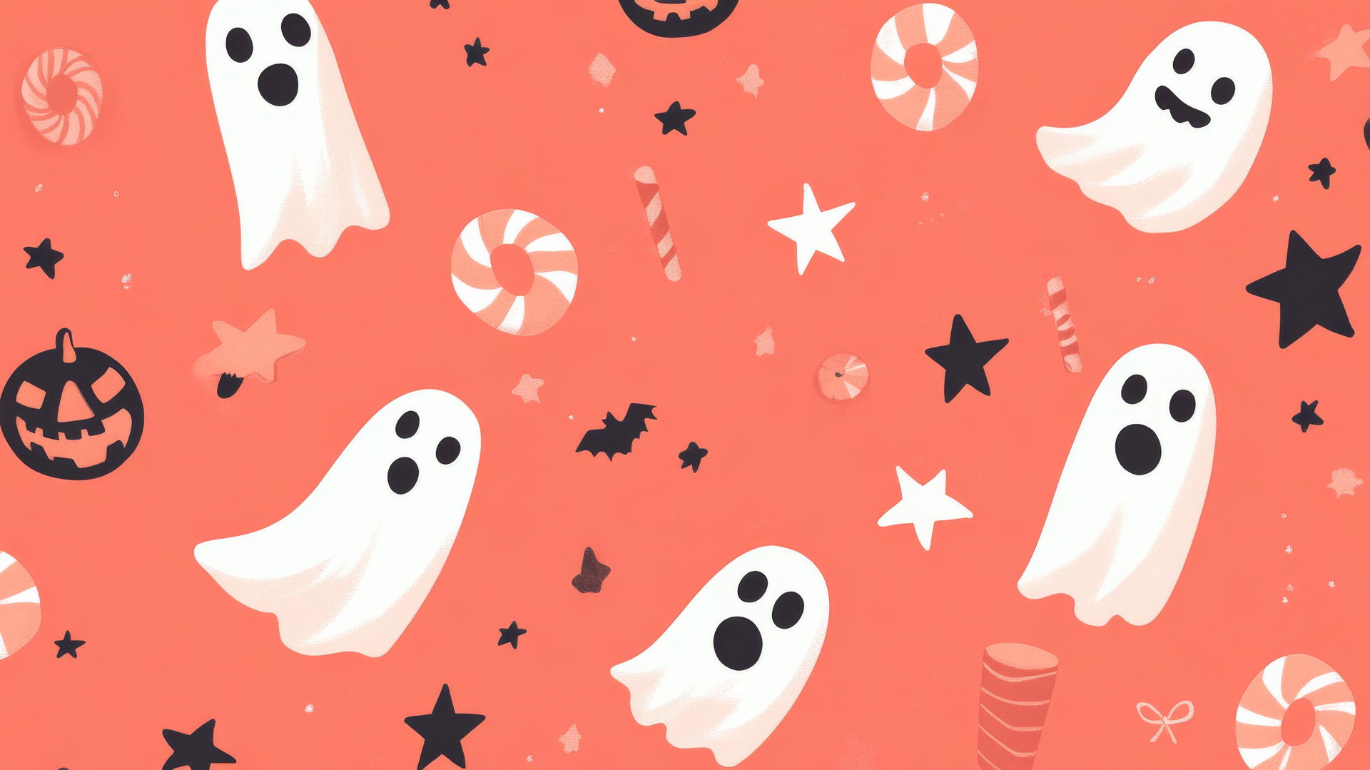 preppy halloween wallpaper with retro ghosts, candy canes, and stars on coral