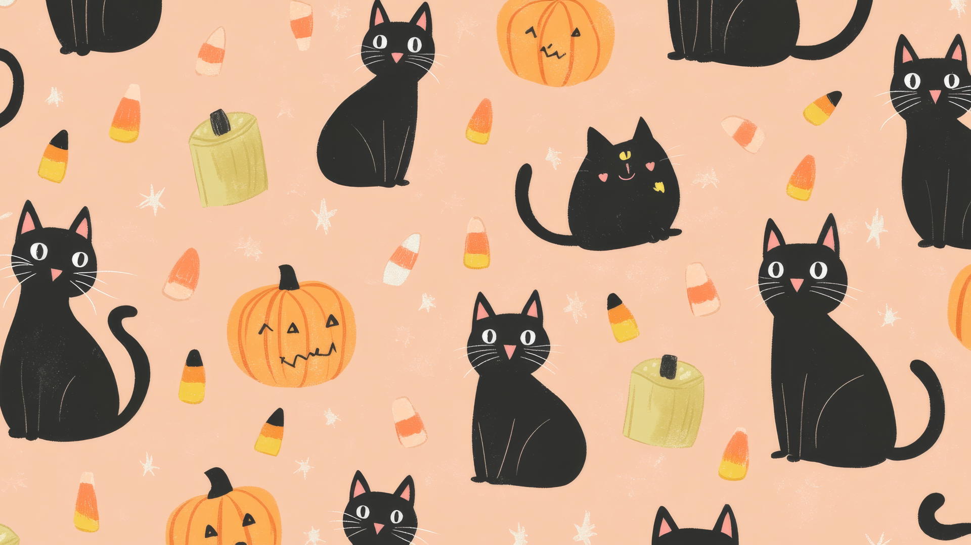 Preppy Halloween wallpaper with black cats, pumpkins, and candy corn