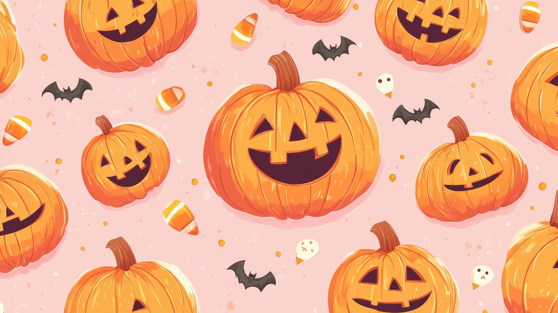 Preppy Halloween wallpaper with cartoon pumpkins, candy corn, and bats