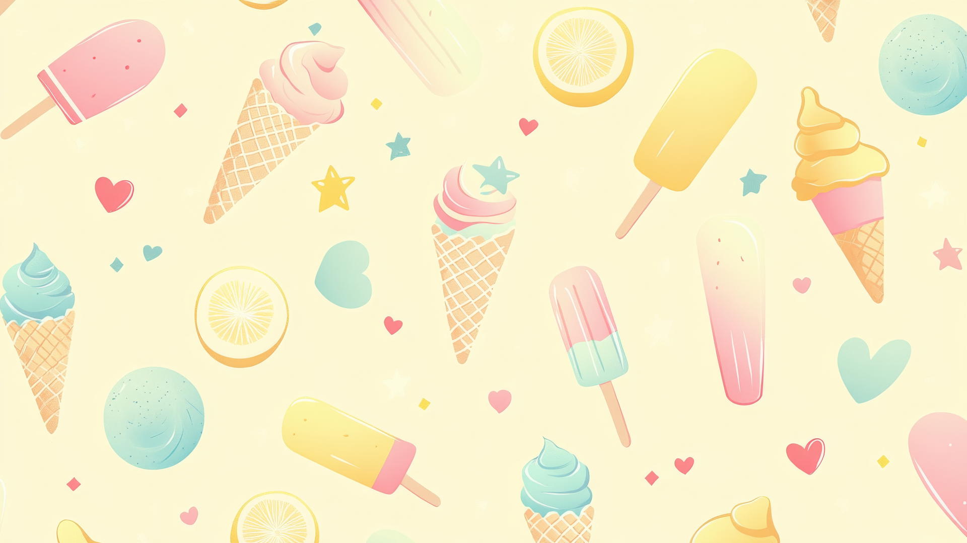 preppy summer wallpaper with pastel-colored ice creams, popsicles, lemonades, and small hearts and stars on a soft yellow background