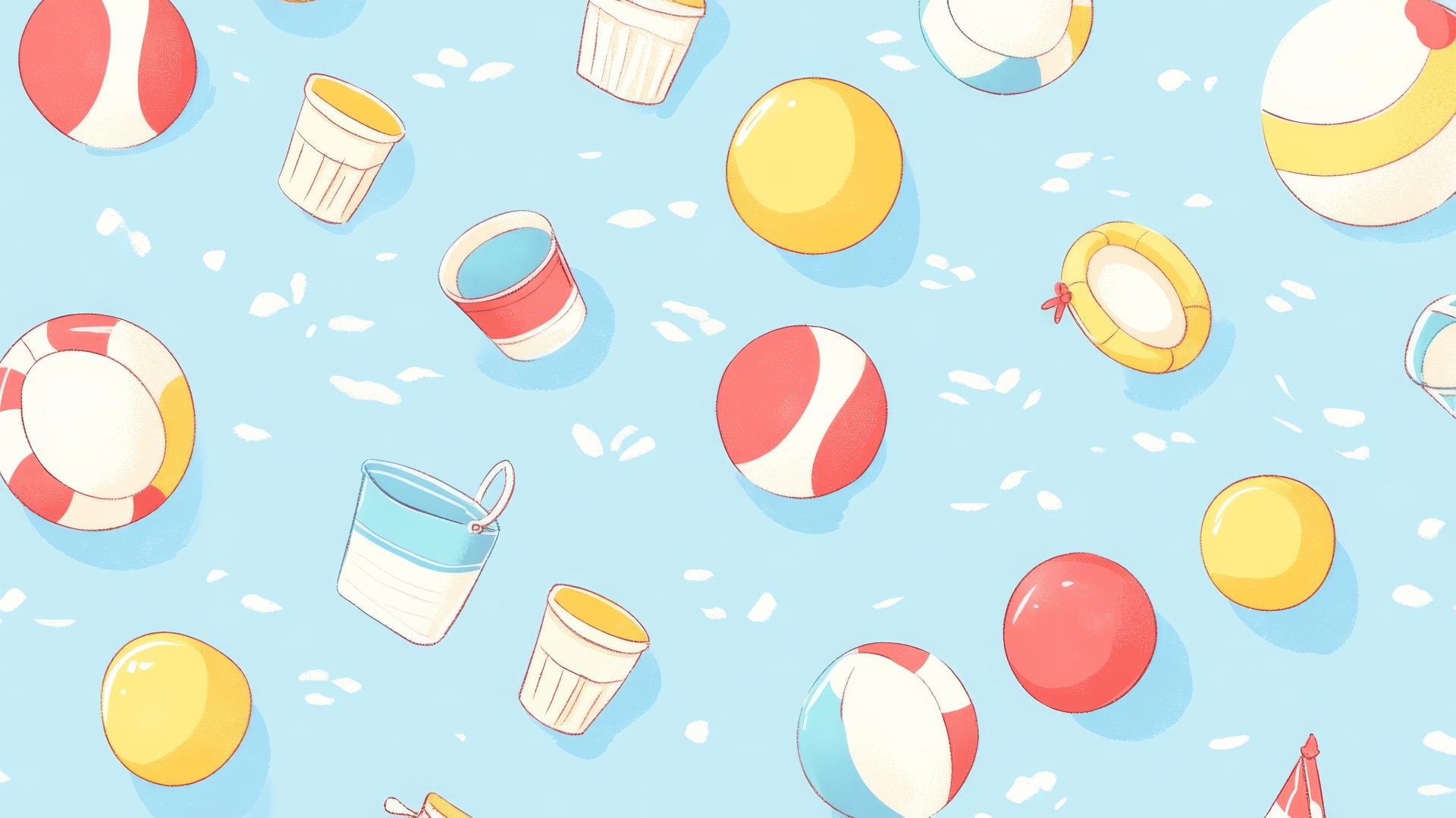 preppy summer wallpaper with cartoon beach balls, lifebuoys, and sand buckets on light blue