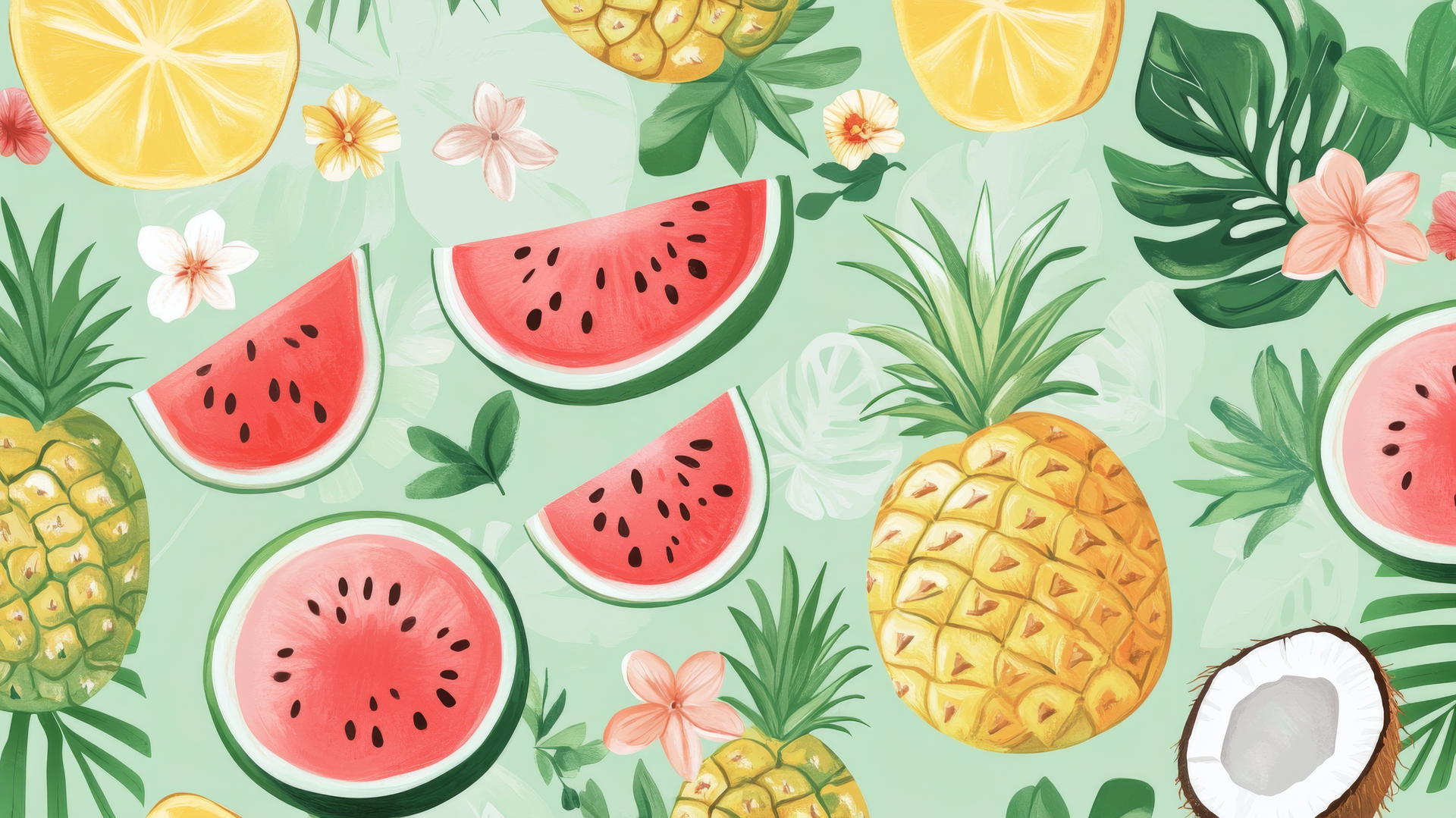 preppy summer wallpaper with pastel-colored tropical fruits and small palm leaves.