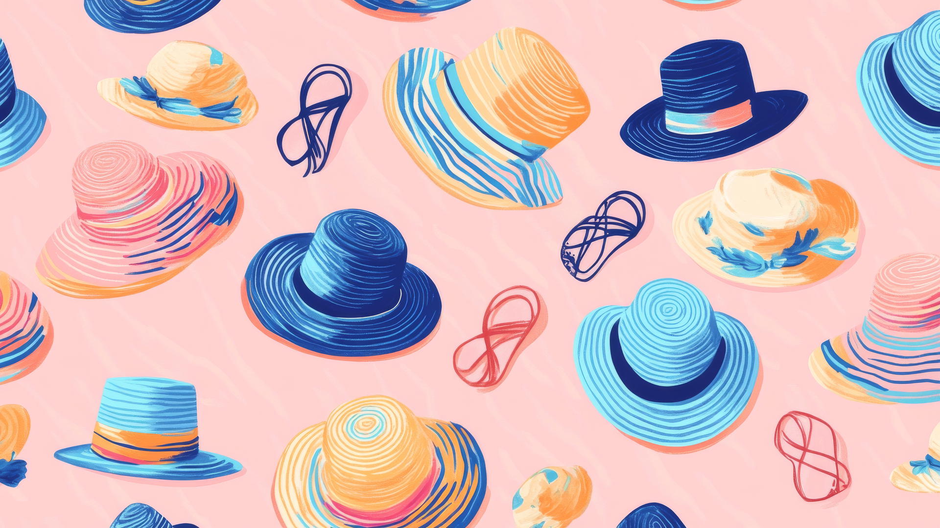Preppy summer wallpaper with colorful sun hats, beach bags, and sandals on pink background