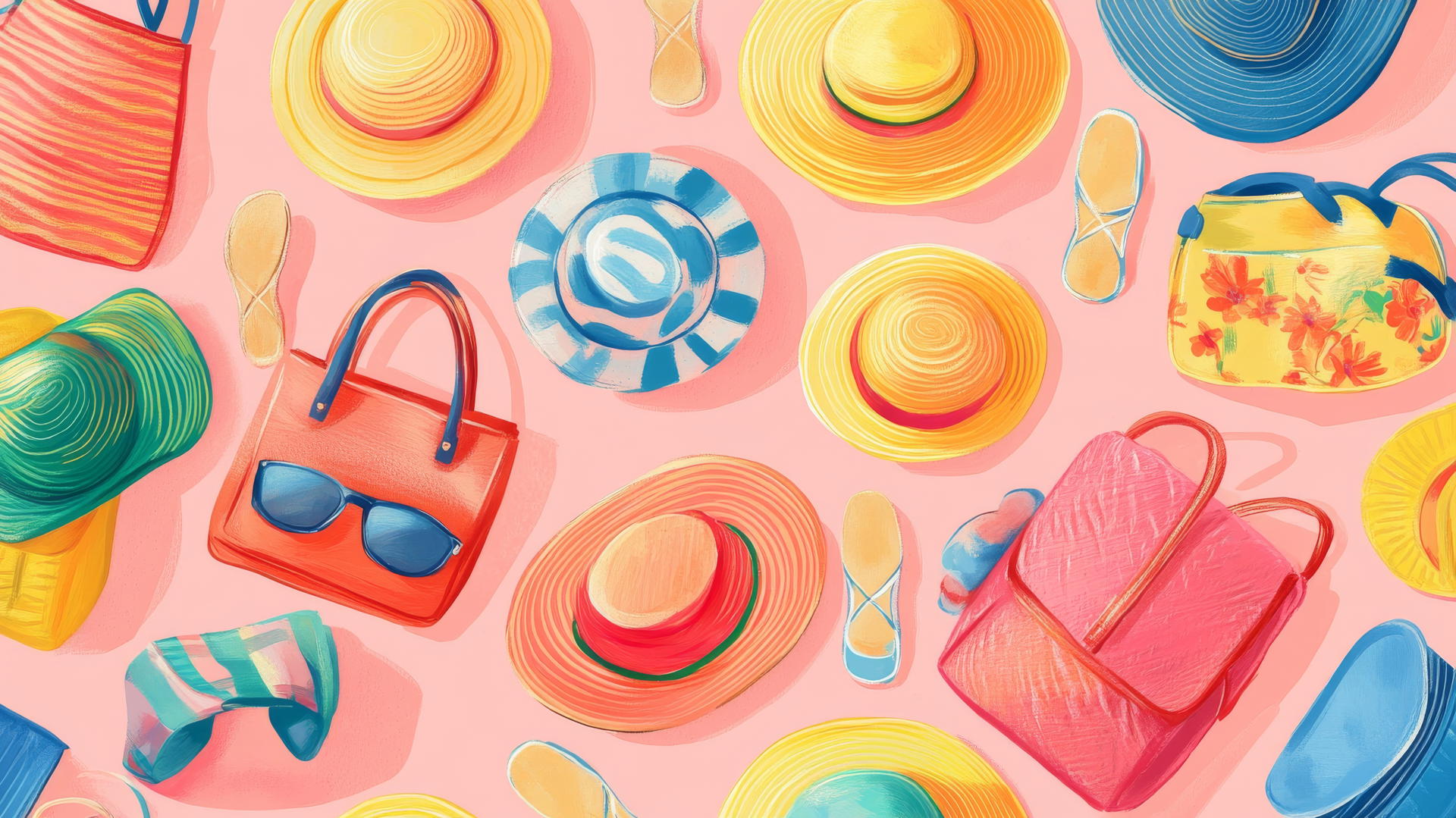 preppy summer wallpaper with sun hats, beach bags, and sandals on pink