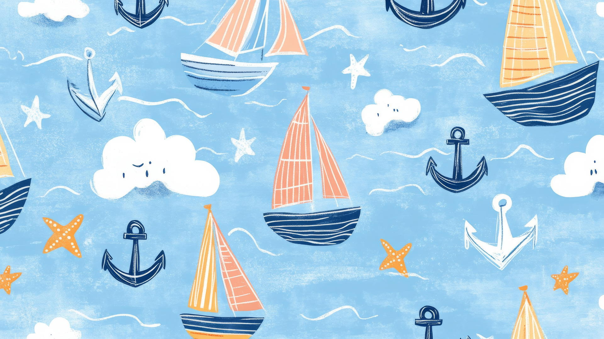 preppy summer wallpaper featuring hand-drawn sailboats, anchors, starfish, small waves, and clouds on pastel blue