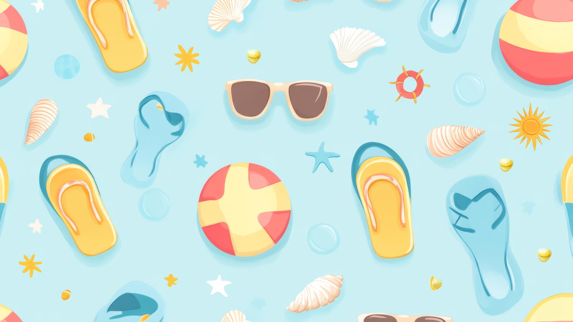preppy summer wallpaper with pastel flip-flops, beach balls, sunglasses, sun icons, and seashells on a light blue background