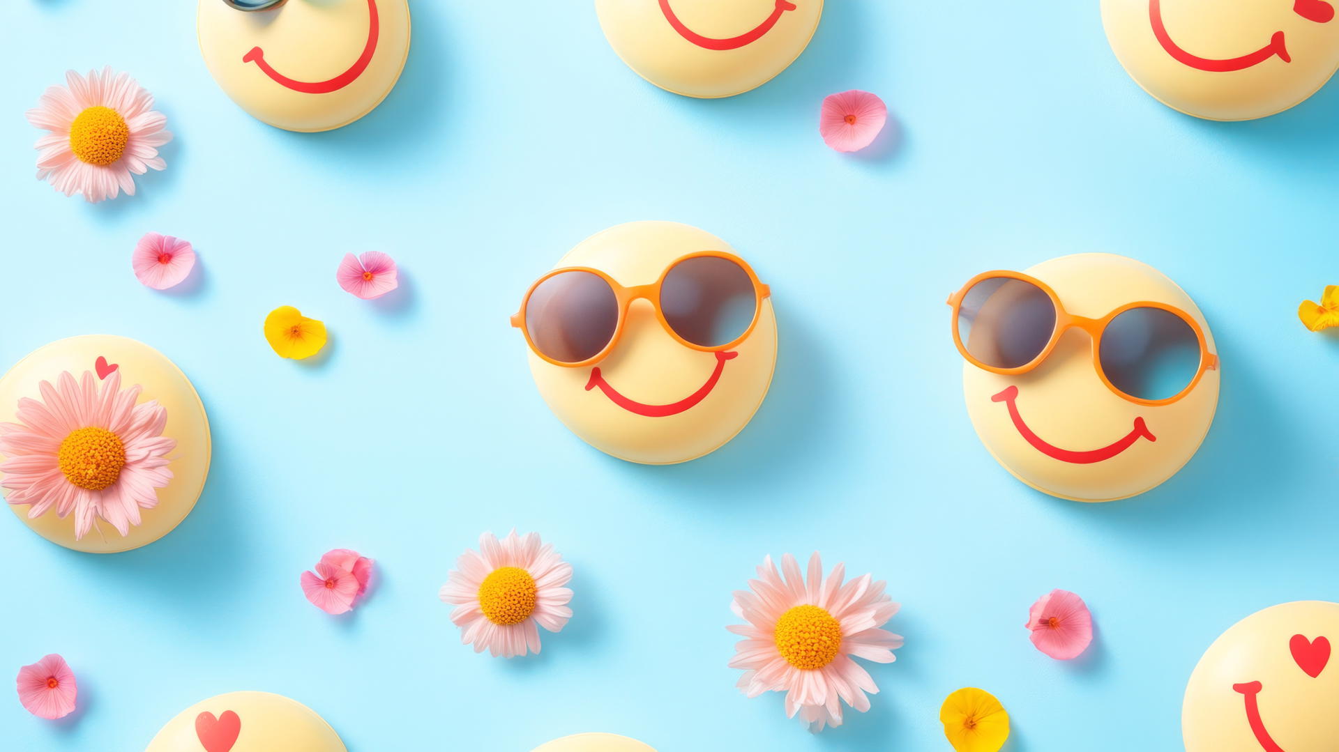 Preppy wallpaper smiley face with sunglasses and flower petals on a light blue background