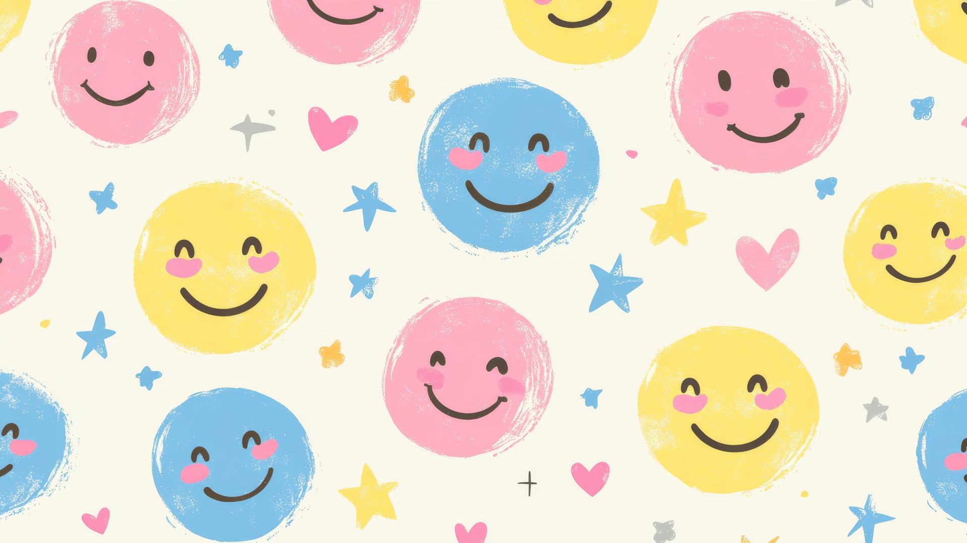 preppy wallpaper smiley face with pastel smileys, hearts, and stars on cream background