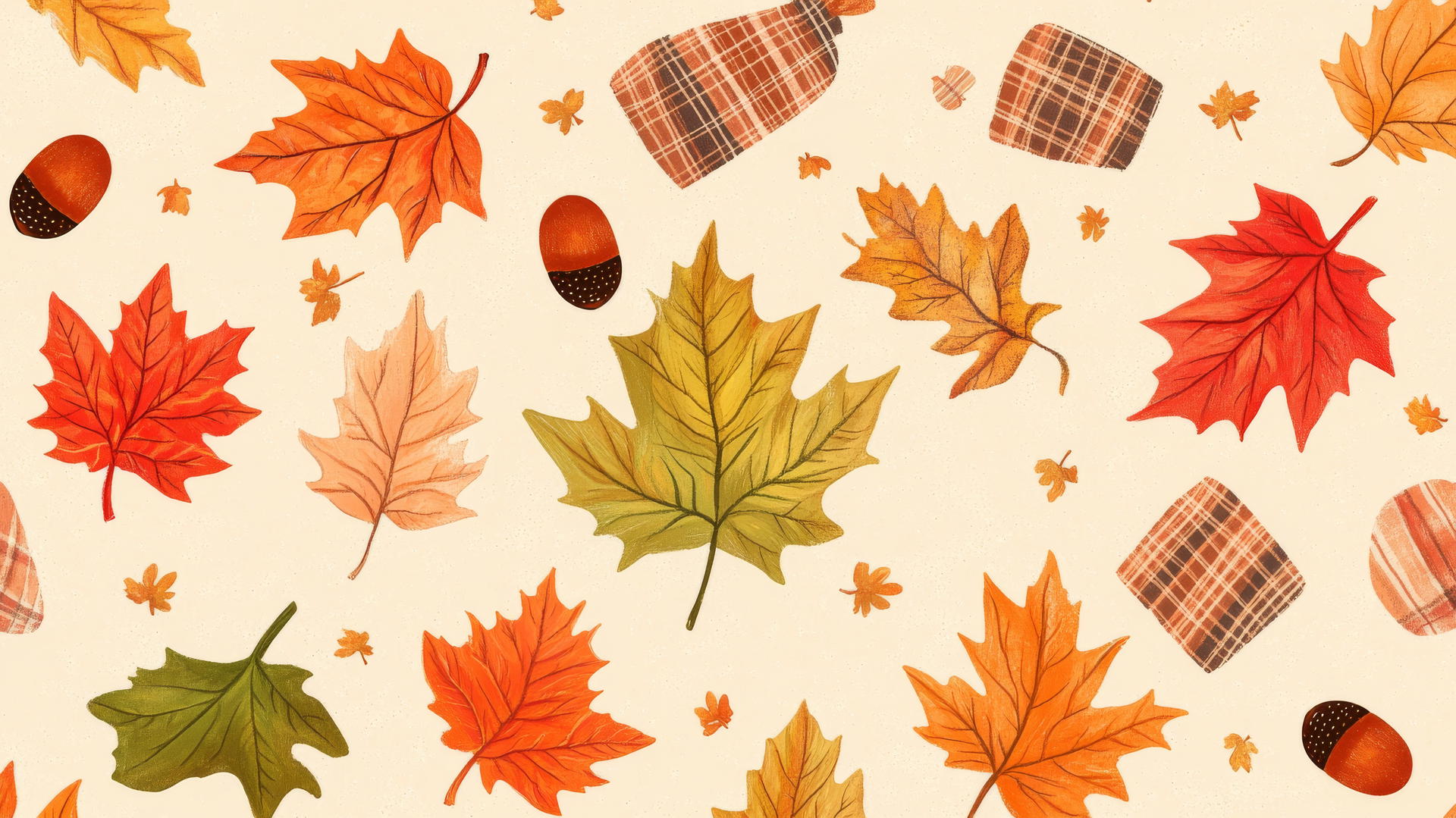 preppy autumn wallpaper with colorful leaves, acorns, and plaid accents