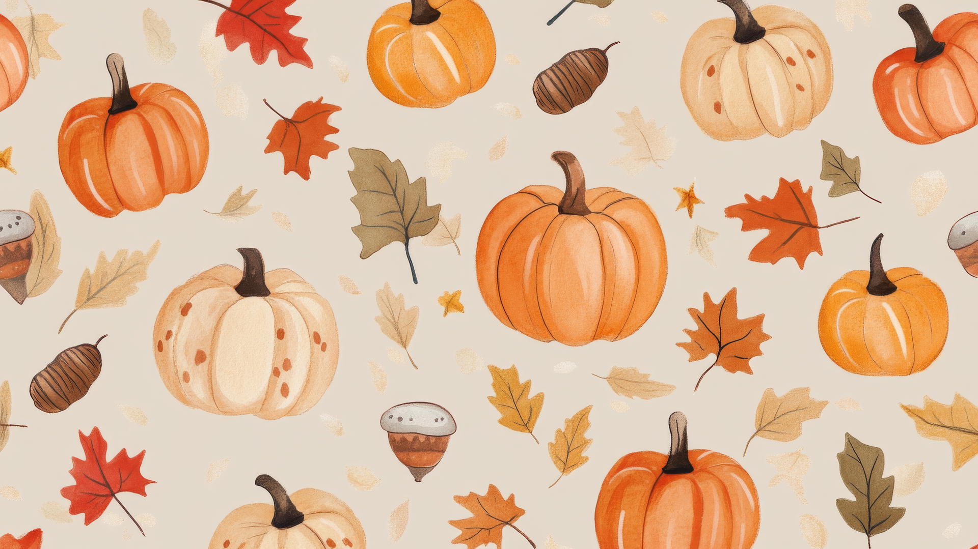 preppy autumn wallpaper with hand-drawn pumpkins, acorns, and fall foliage in pastel colors