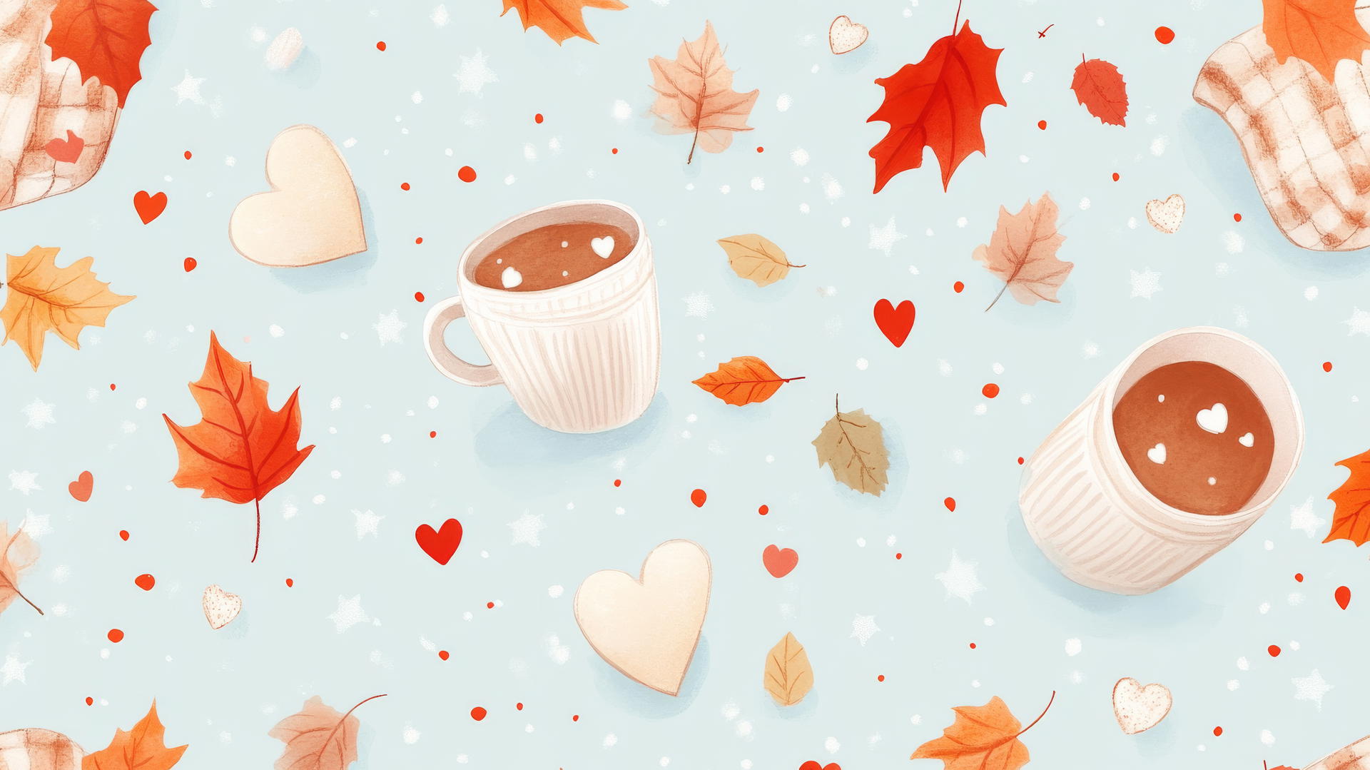 Preppy autumn wallpaper with cozy icons on blue