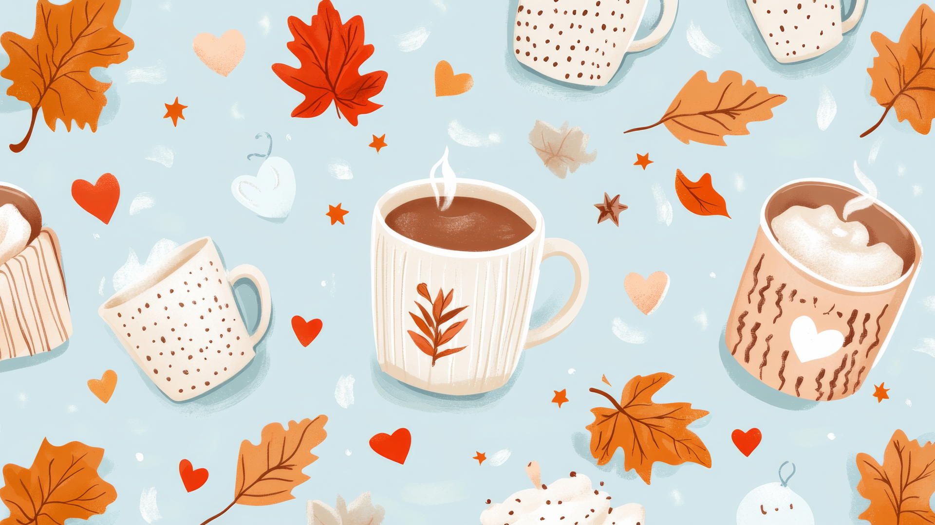 preppy autumn wallpaper with hot cocoa mugs, cozy blankets, falling leaves, hearts, and stars on a light blue background