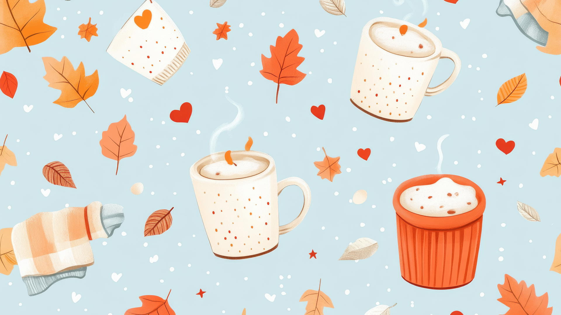 preppy autumn wallpaper with hot cocoa mugs, blankets, leaves, hearts, and stars
