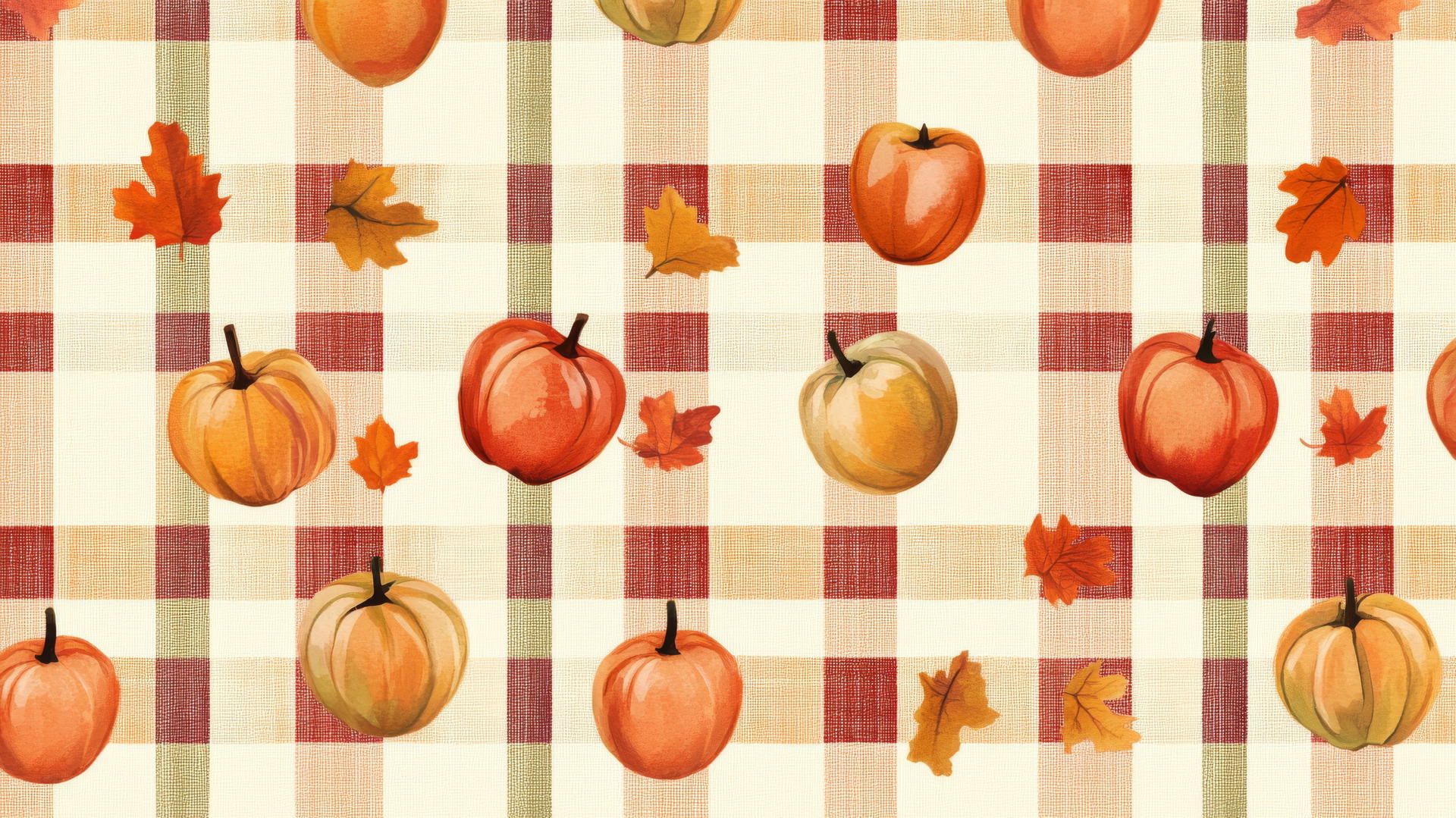 preppy autumn wallpaper with plaid, apples, pumpkins, and fall leaves