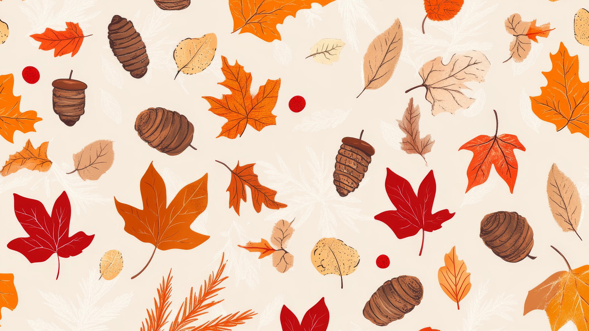 preppy autumn wallpaper with cute leaves, acorns, and pinecones on pastel beige