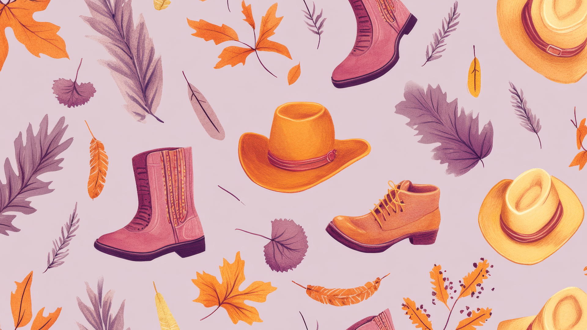 preppy fall wallpaper with boots, hats, and scarves on pastel purple background