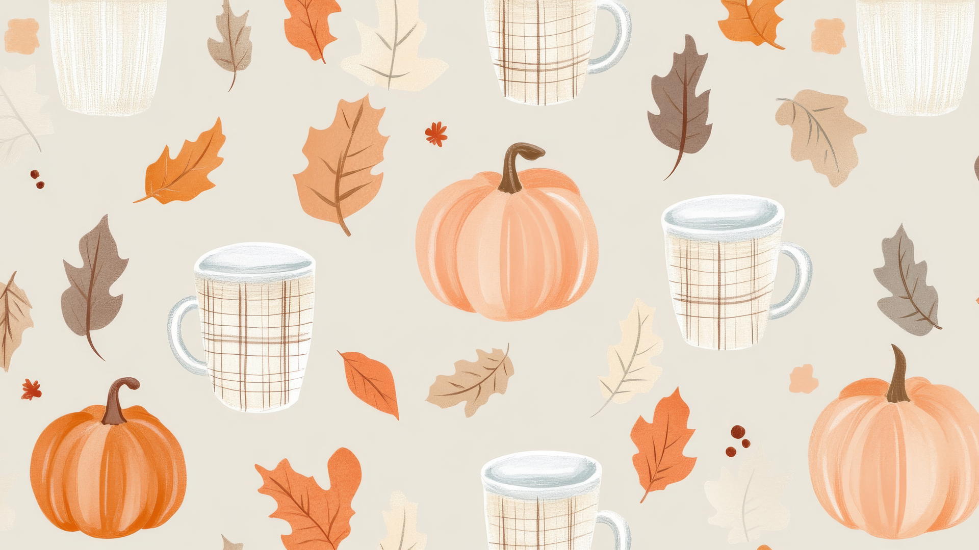 Preppy fall wallpaper with pastel leaves, pumpkins, and coffee cups on light brown