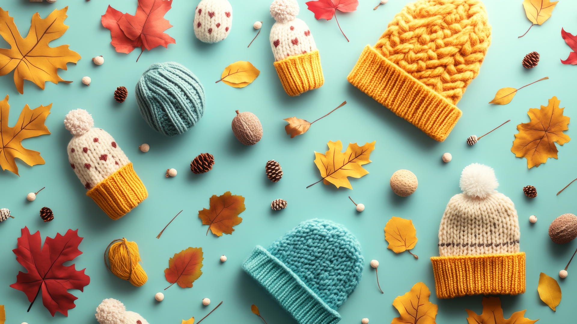 preppy fall wallpaper with cozy items like hats, mittens, scarves on pastel teal background
