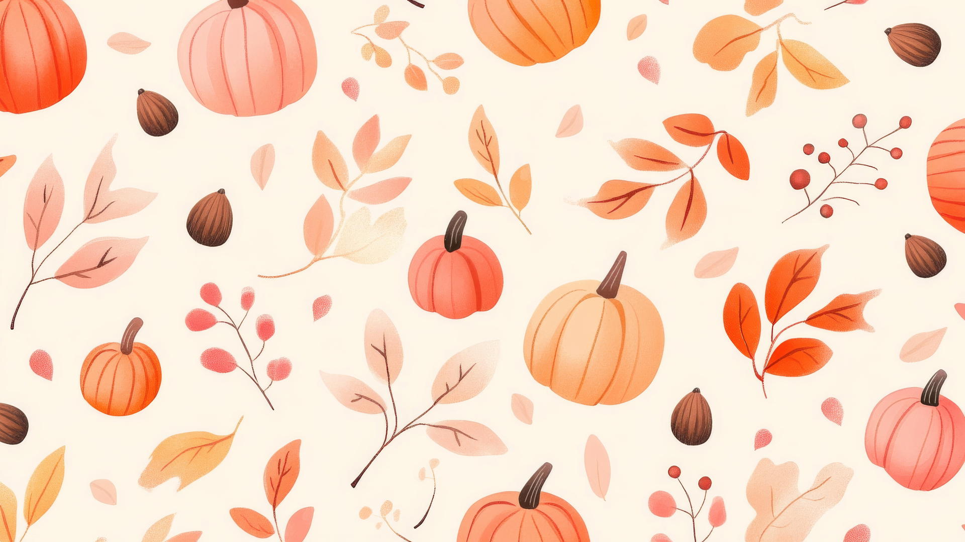 preppy fall wallpaper with hand-drawn pastel pink and orange foliage, pumpkins, and acorns on cream background