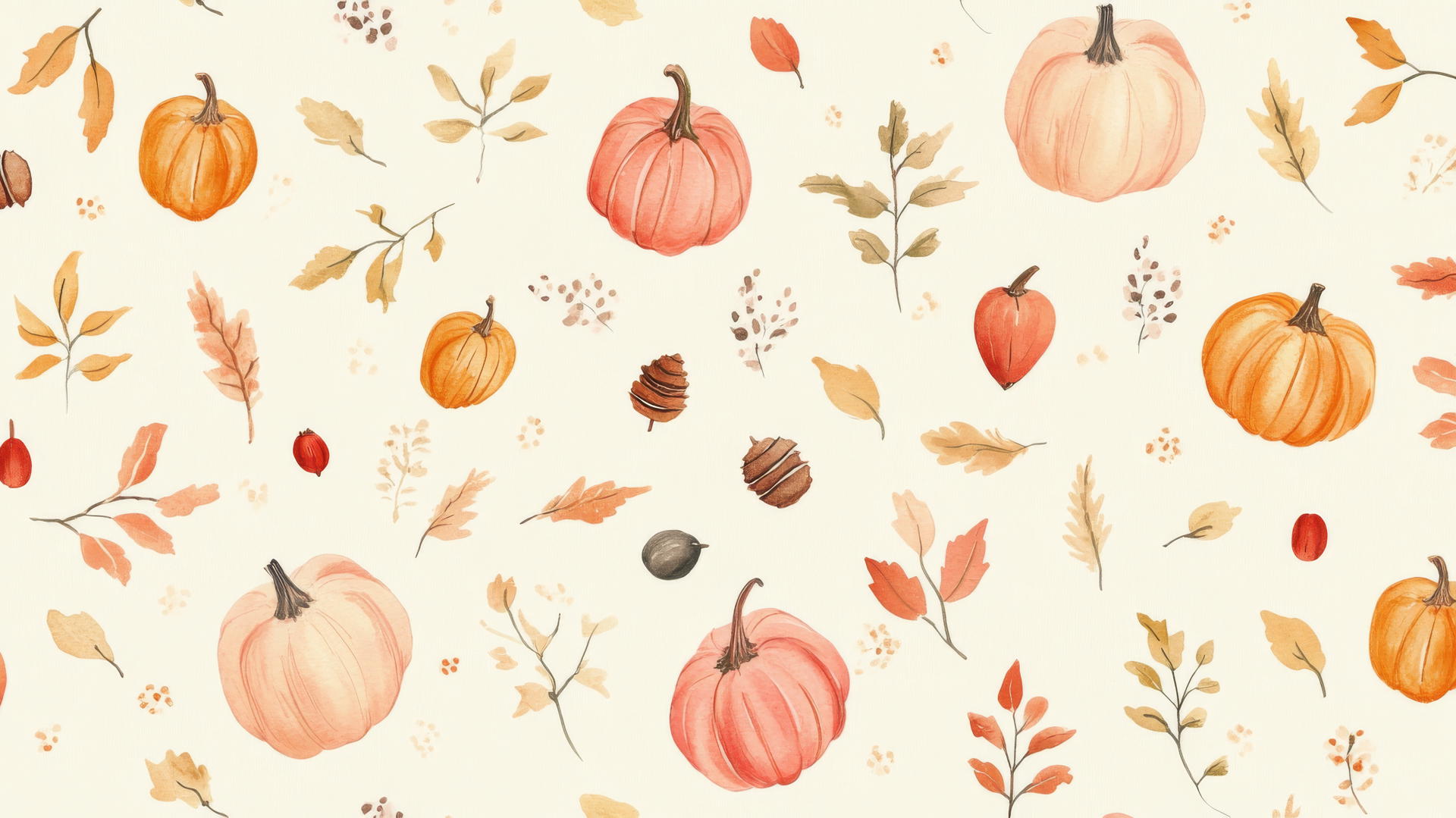 preppy fall wallpaper with hand-drawn foliage, pumpkins, and acorns in pastel pinks and oranges on cream background