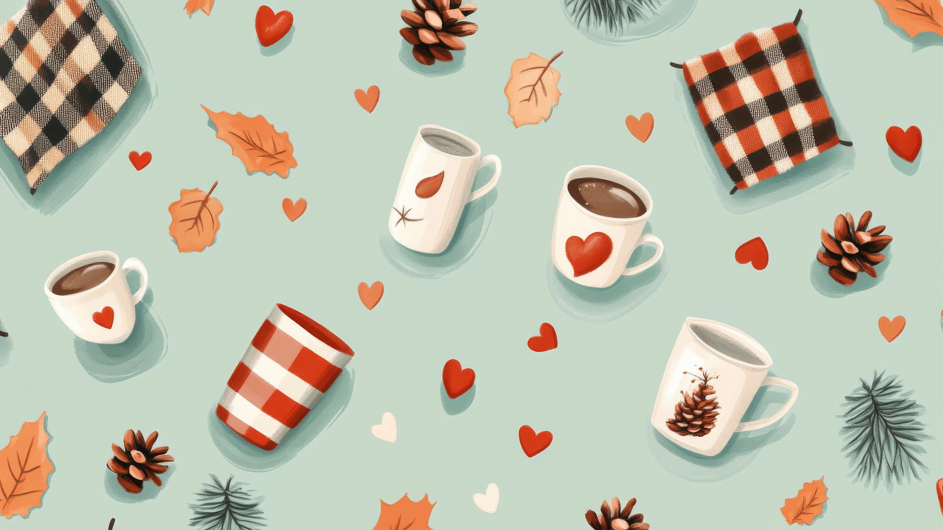 preppy fall wallpaper with pinecones, plaid blankets, hot cocoa mugs, and small hearts on a pastel green background