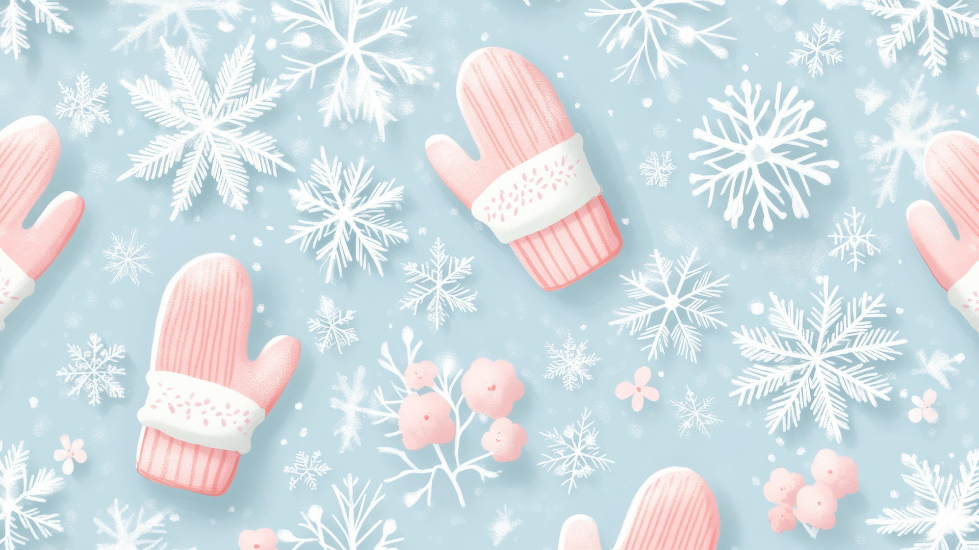 preppy winter wallpaper with white snowflakes, pink mittens, and pastel flowers on light blue