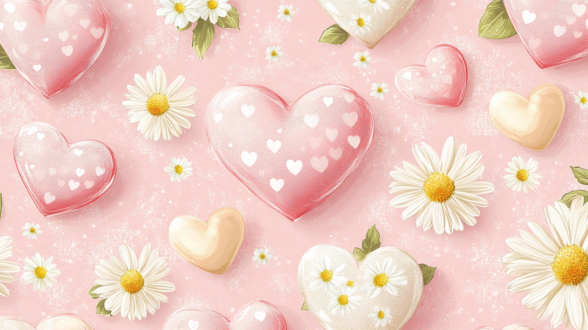 preppy valentines wallpaper with pink and white hearts, white daisies, green leaves, and yellow accents