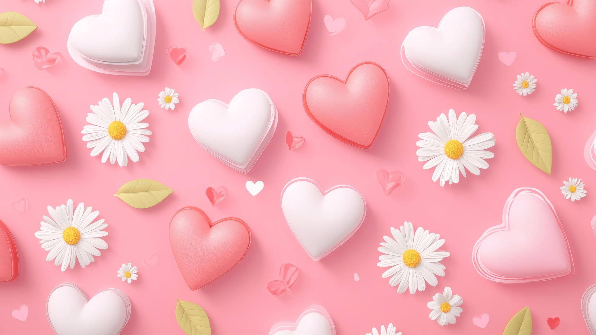 Preppy valentines wallpaper with pink hearts and white daisies