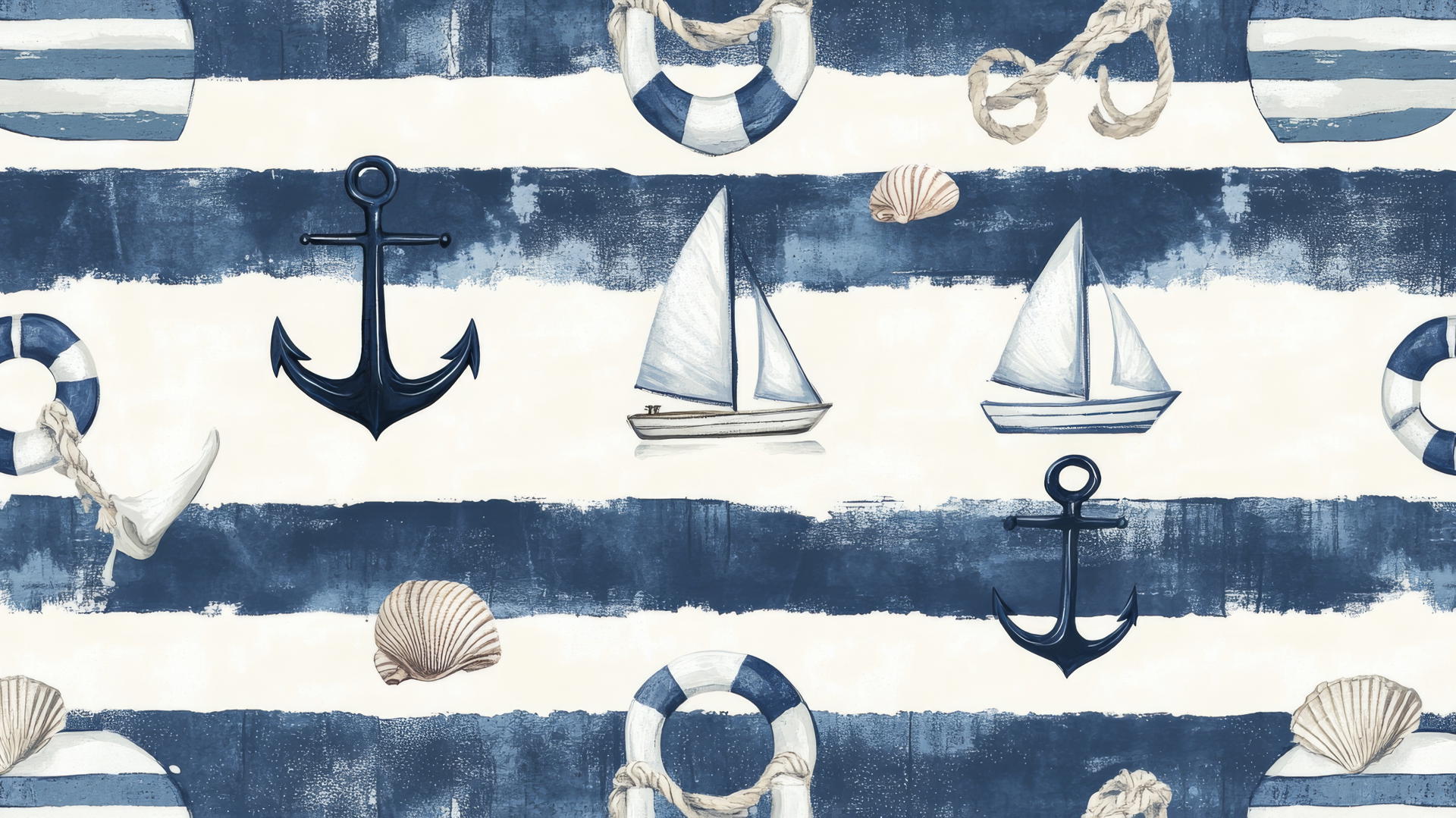 preppy beach wallpaper with navy blue and white stripes, anchors, sailboats, and lifebuoys