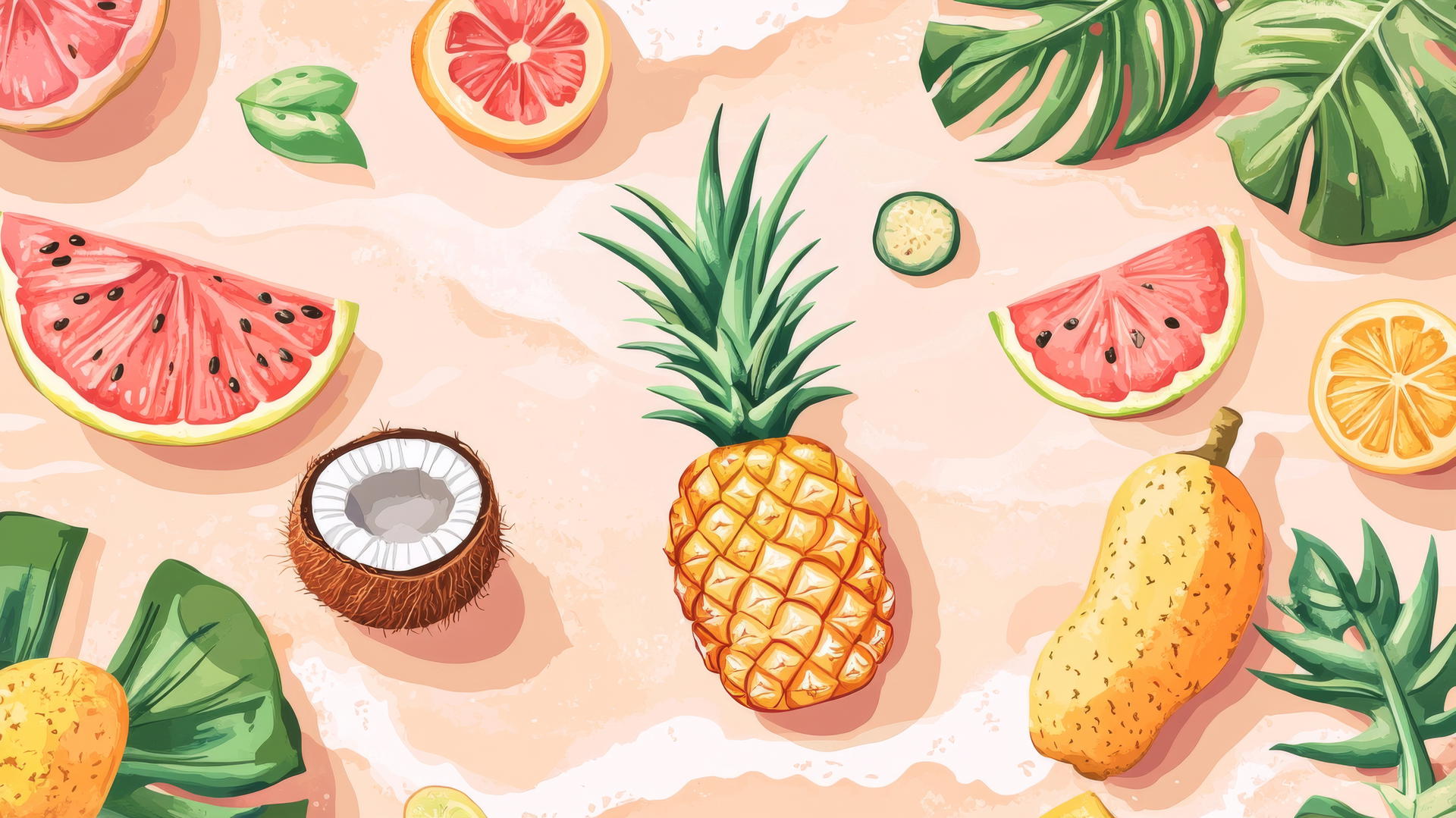 Preppy beach wallpaper with tropical fruits on light pink sand and soft waves