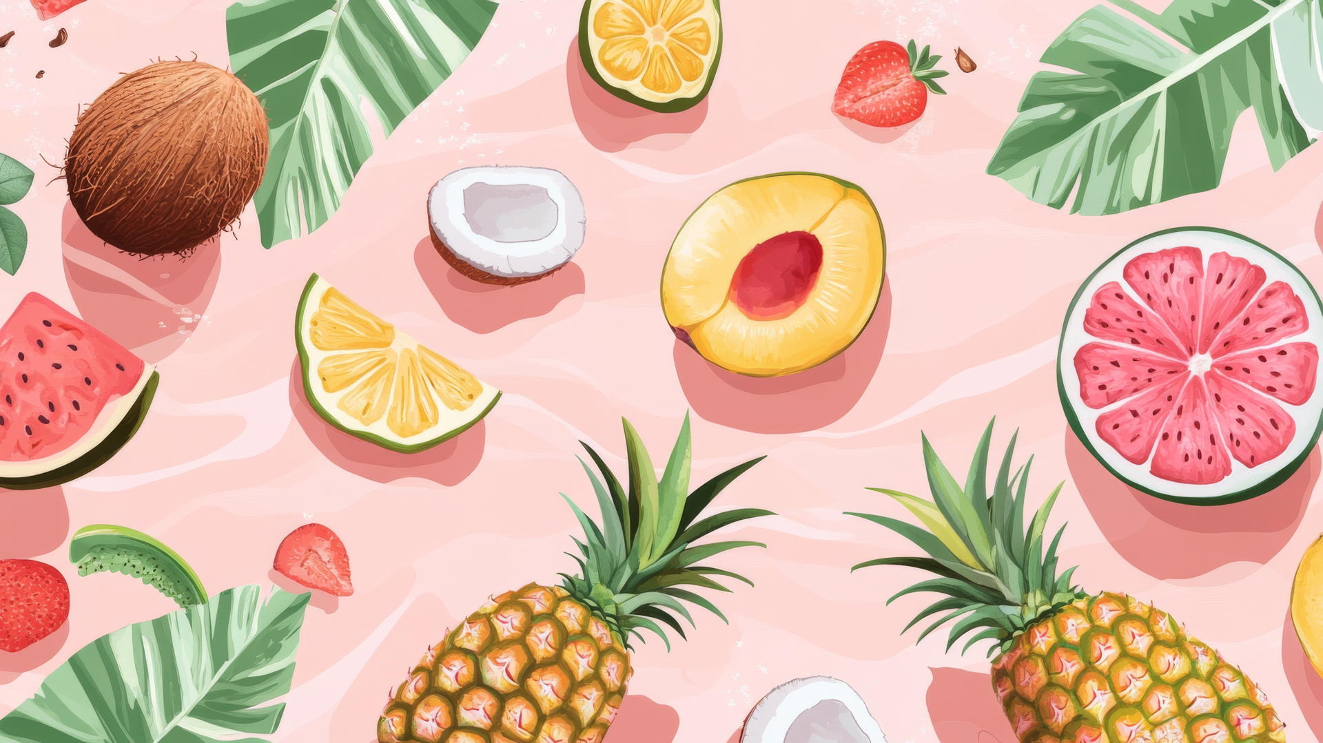 Preppy beach wallpaper with tropical fruits on pink sand